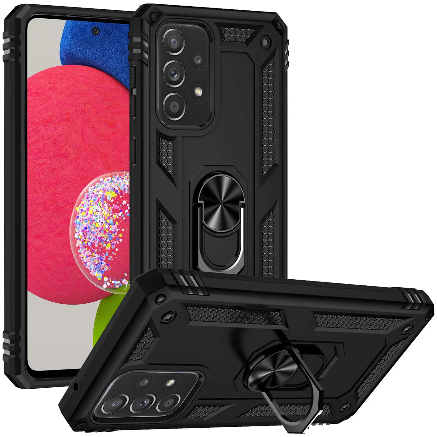 Schwarze Hülle aus Kunststoff mit Ringhalter für Samsung Galaxy A52, A52 5G, A52S 5G.