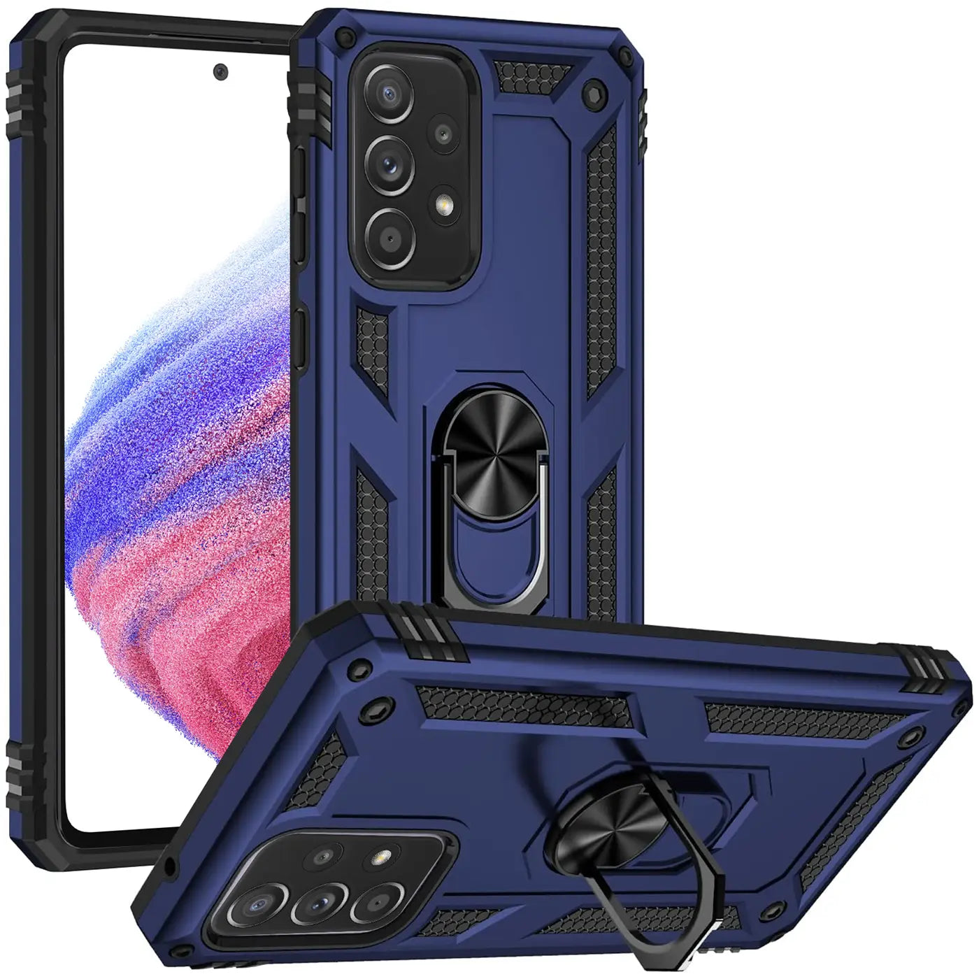 Dunkelblaue Hülle mit Ringhalter für Samsung Galaxy A53 5G, aus Kunststoff, von vorne/seitlich.