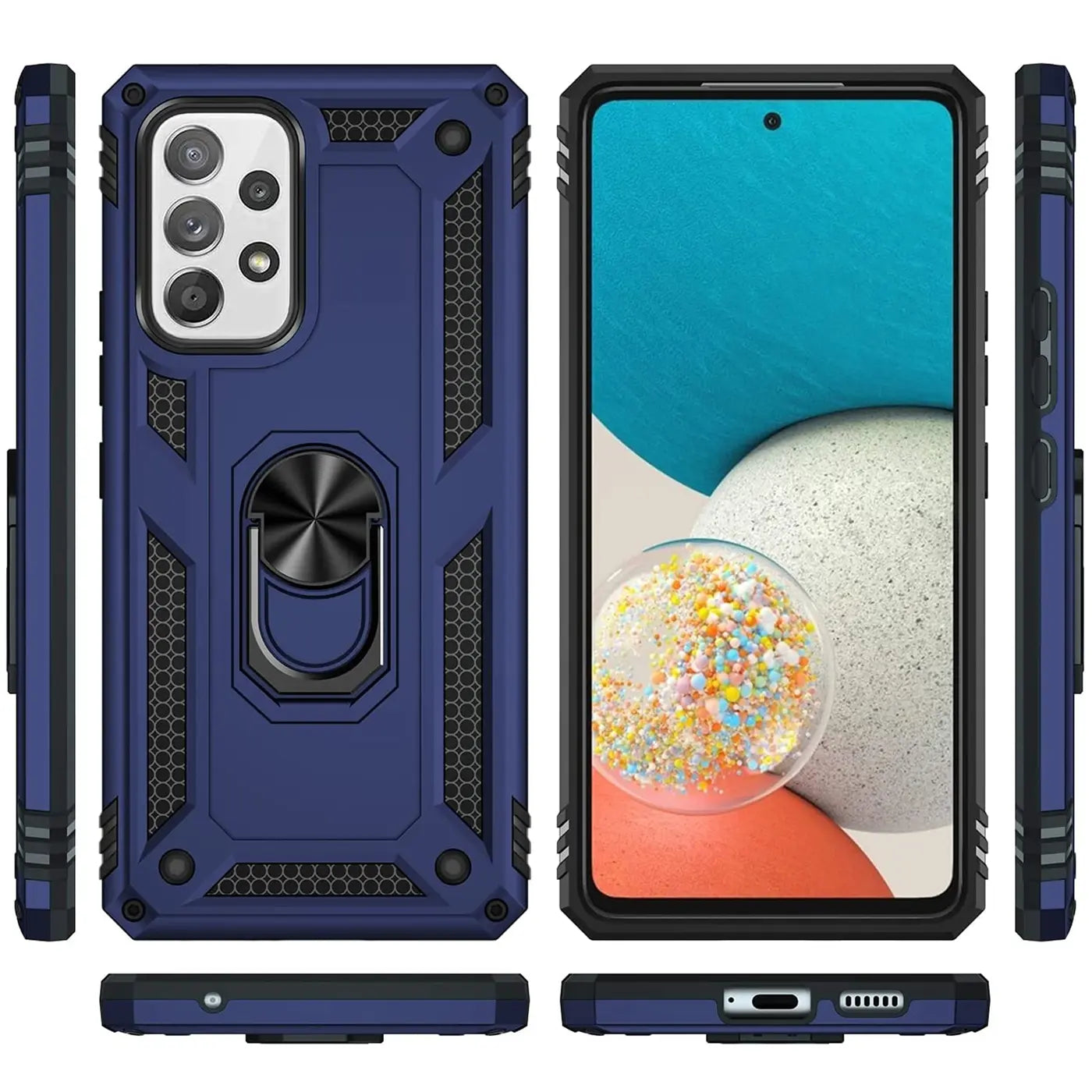 Dunkelblaue Hülle mit Ringhalter für Samsung Galaxy A53 5G, verschiedene Ansichten.