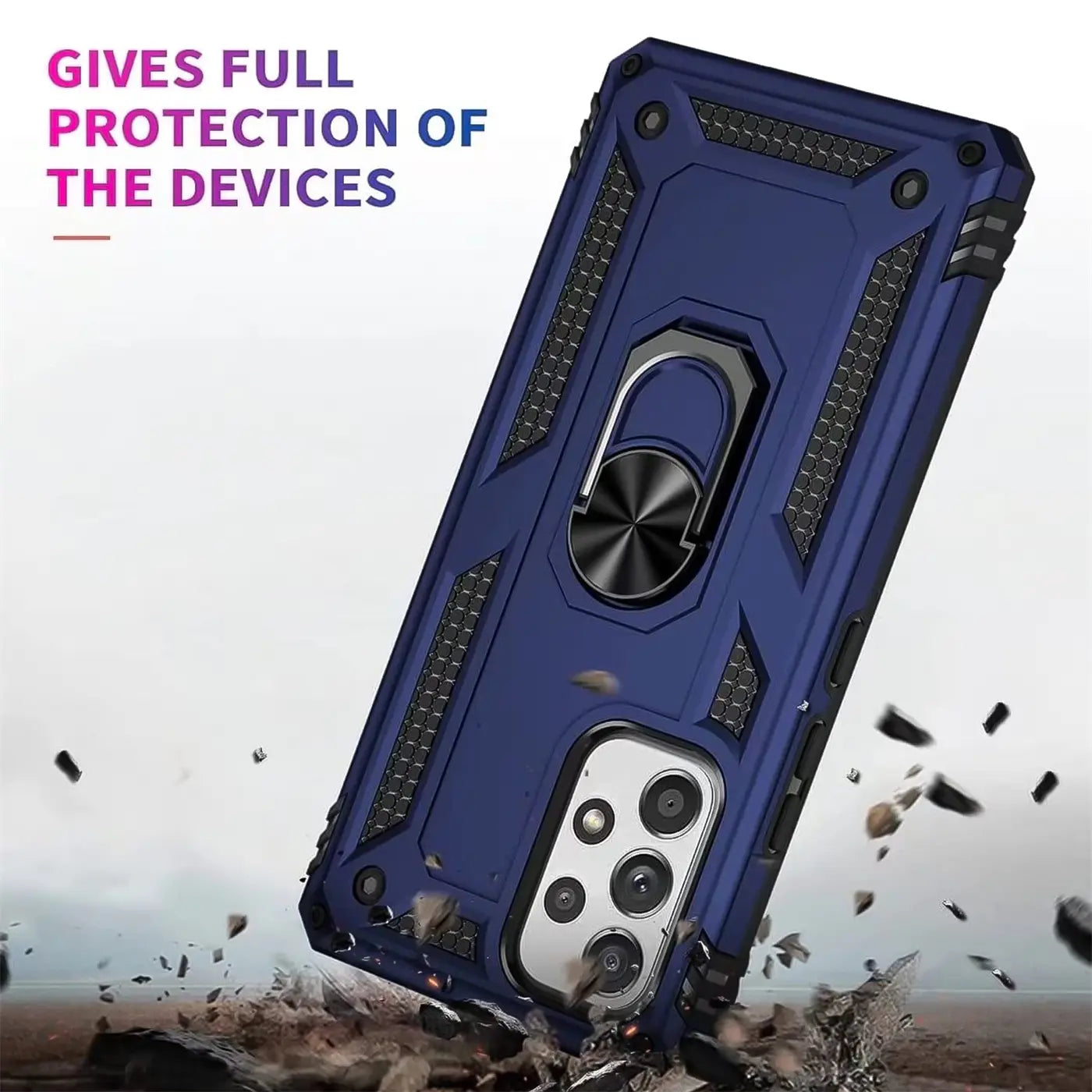 Dunkelblaue Militärhülle mit Ringhalter für Samsung Galaxy A53 5G, von schräg oben