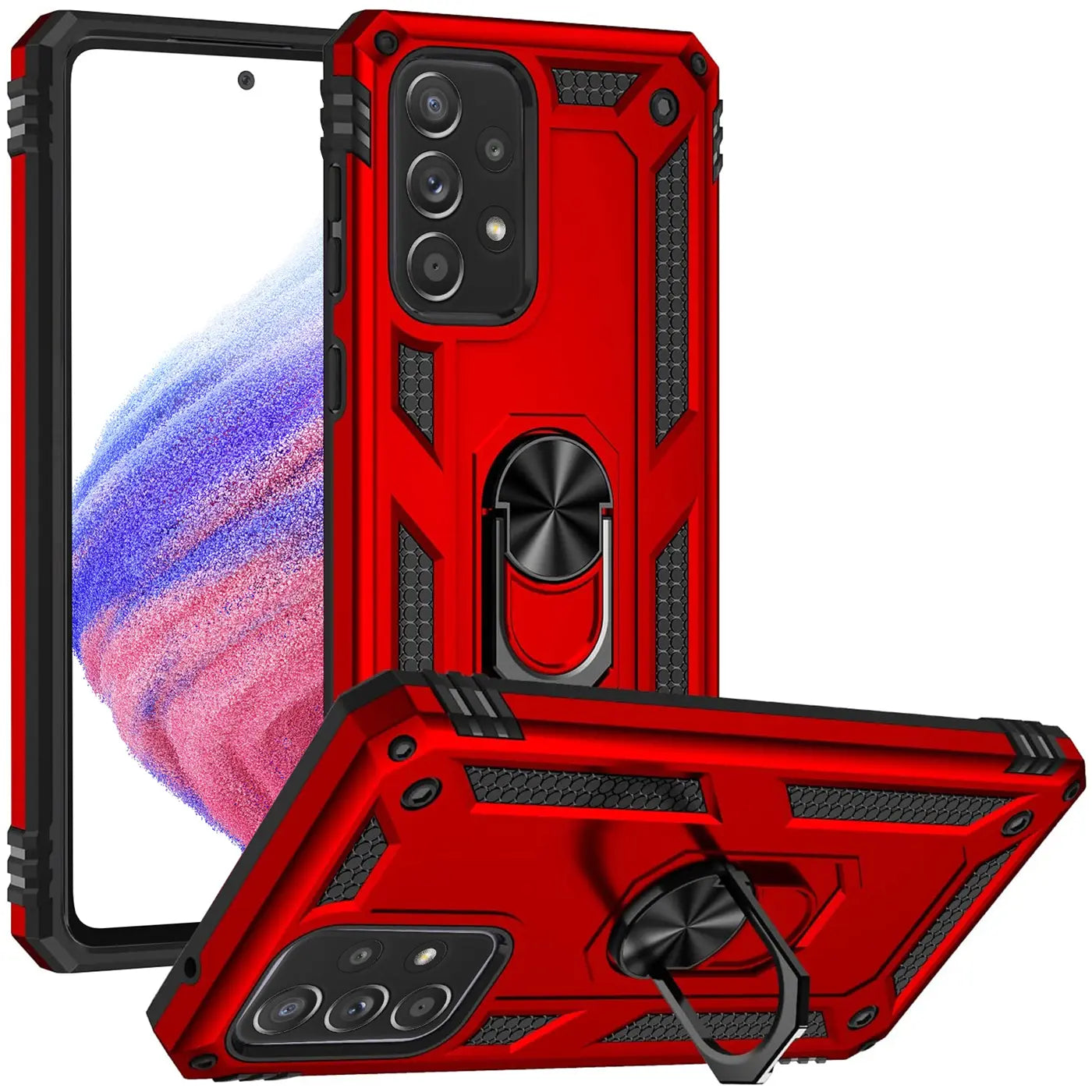 Rote Military-Hülle mit Ringhalter für Samsung Galaxy A53 5G, von vorne und schräg