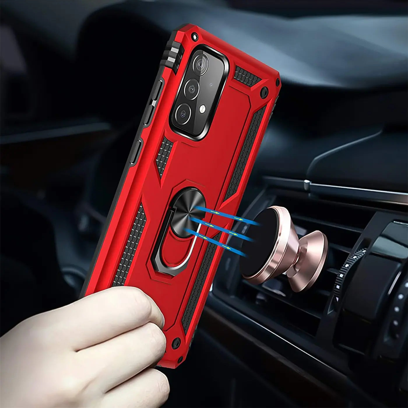 Rote Hülle mit Ringhalter für Samsung Galaxy A53 5G, Nahaufnahme, Auto-Lüftungsschlitz.