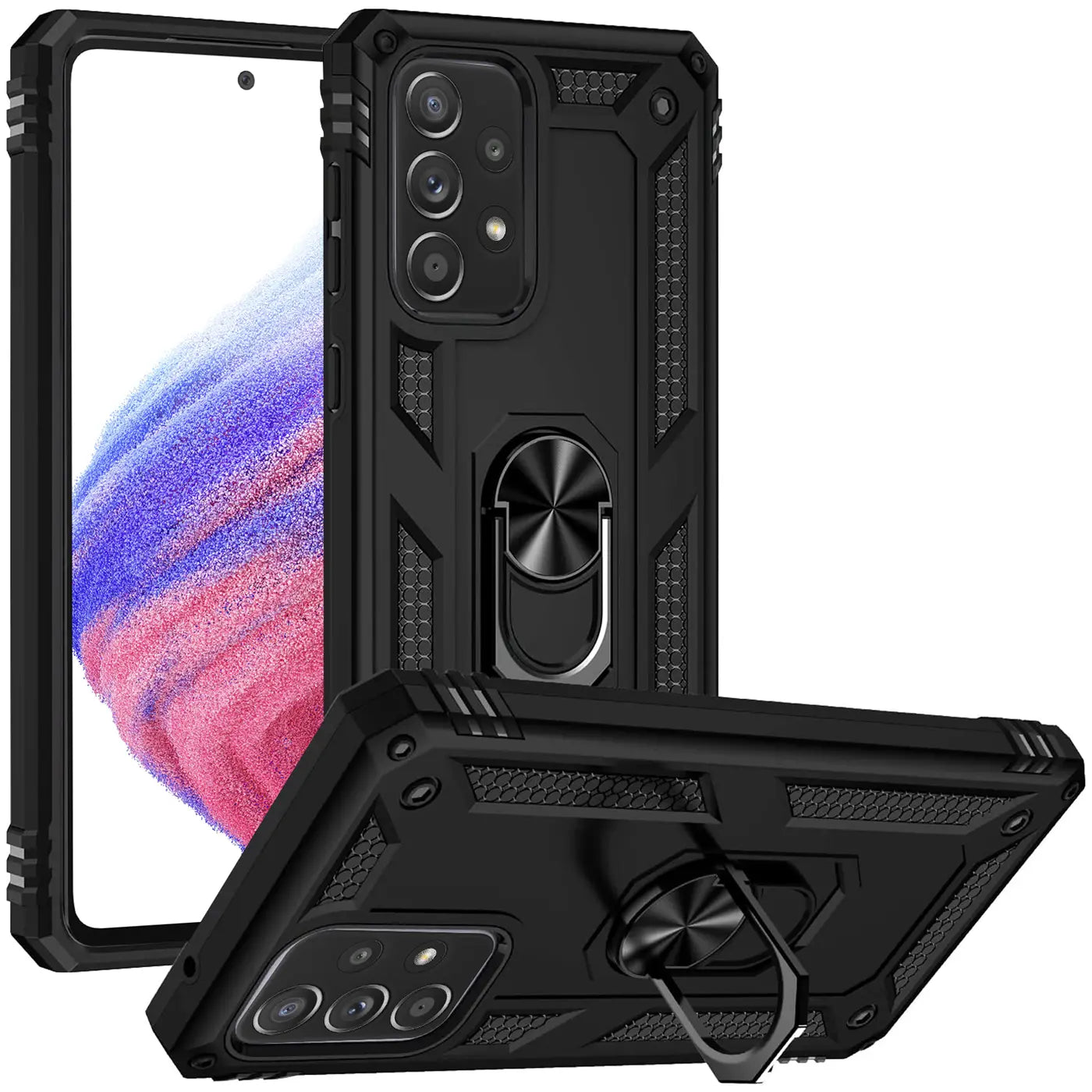 Schwarze Military-Hülle aus Kunststoff mit Ringhalter für Samsung Galaxy A53 5G, Vorder- und Seitenansicht.