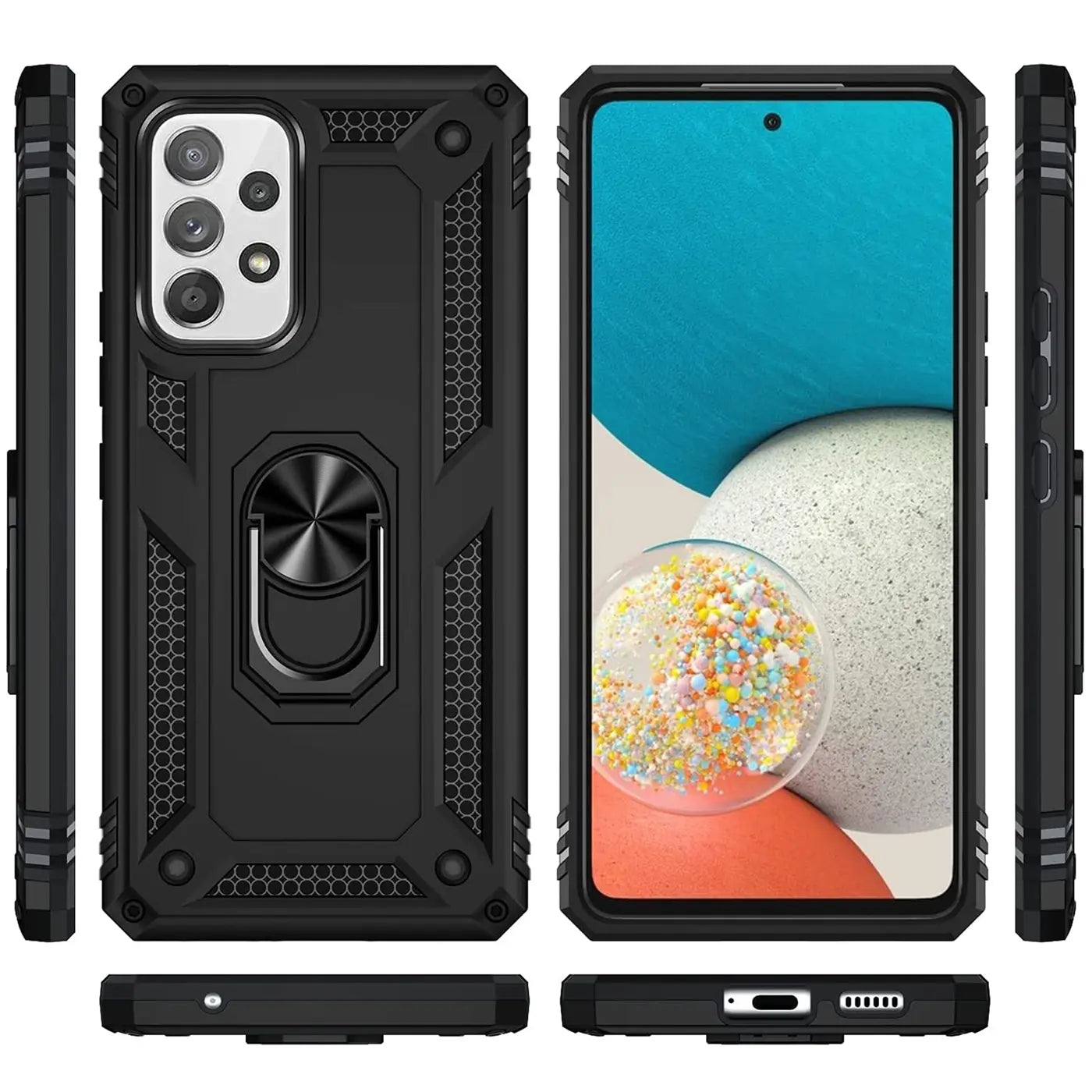 Schwarze Hülle aus Kunststoff mit Ringhalter für Samsung Galaxy A53 5G, verschiedene Ansichten.