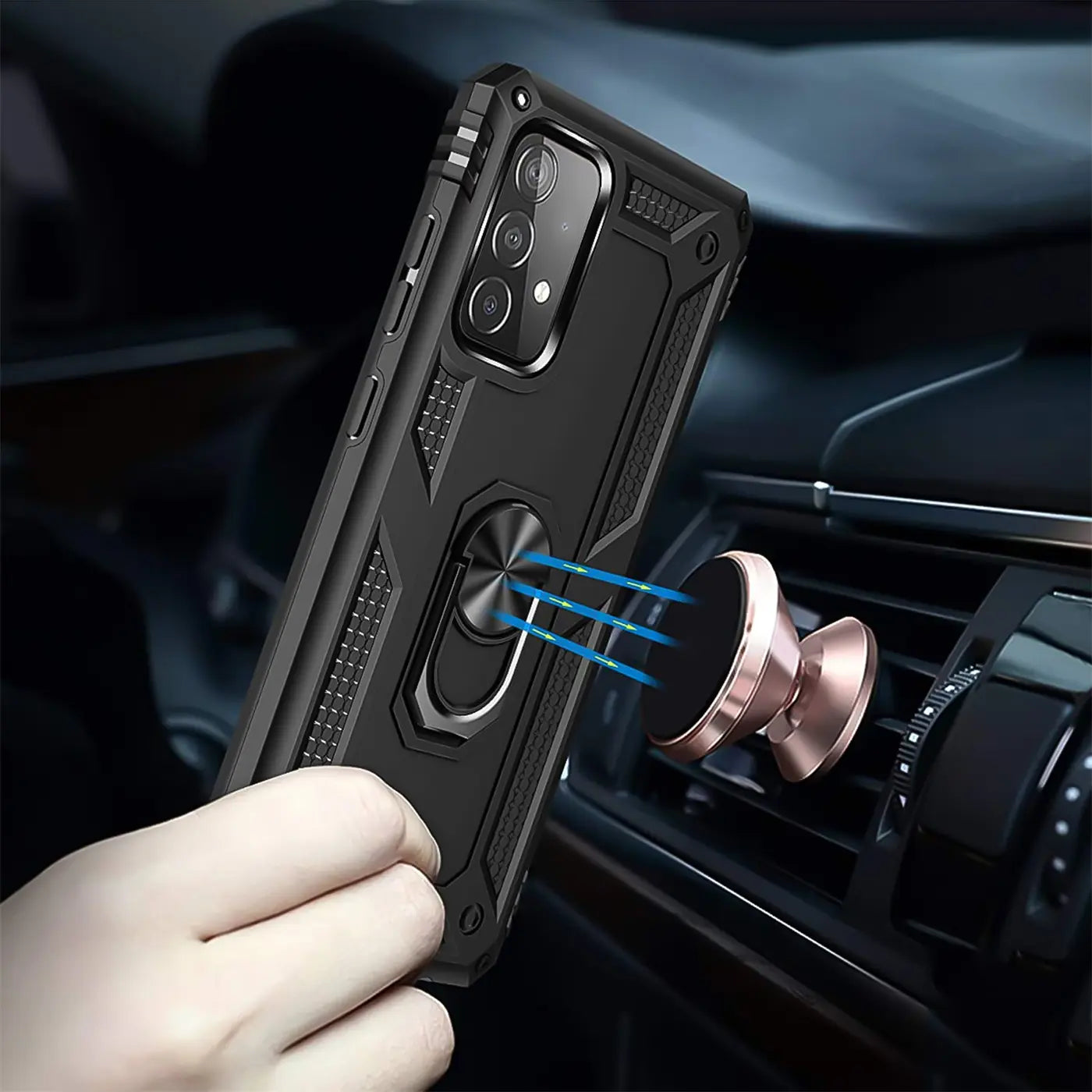 Schwarze Hülle mit Ringhalter für Samsung Galaxy A53 5G, Nahaufnahme, von vorne