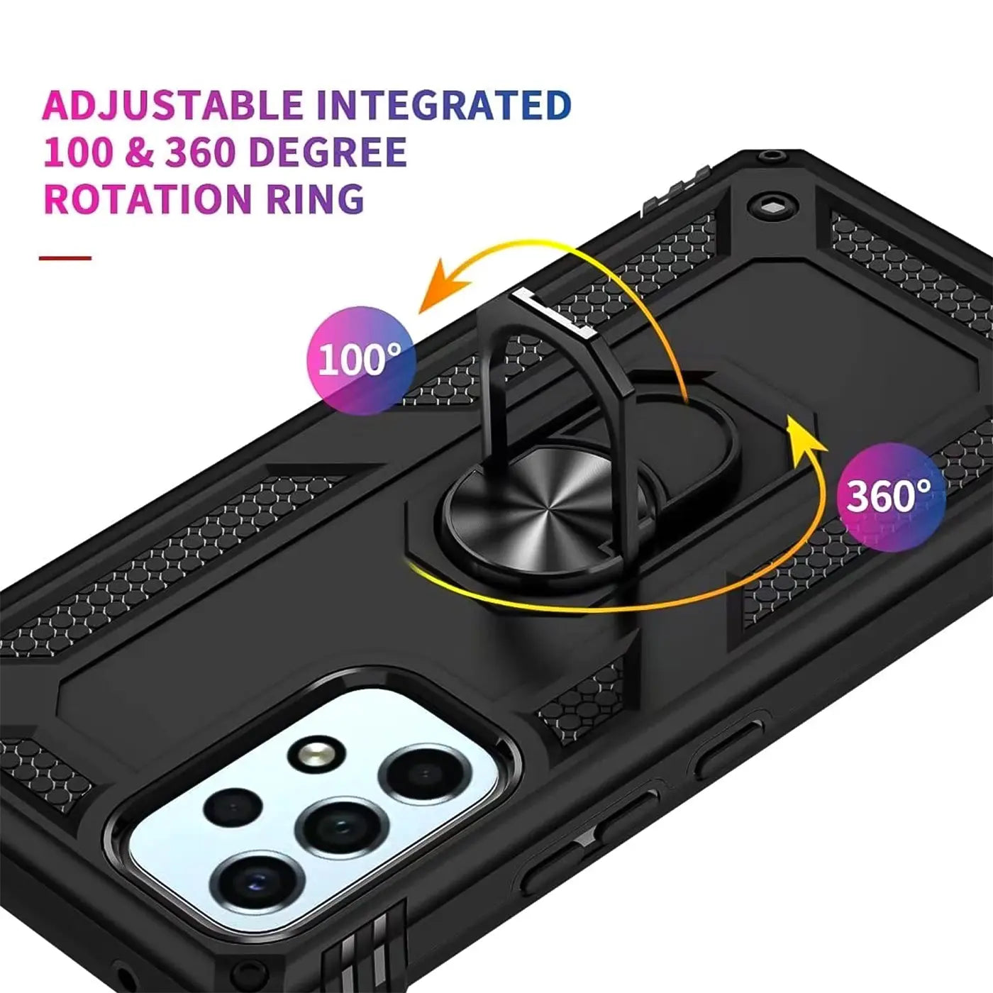 Schwarze Hülle mit Ringhalter für Samsung Galaxy A53 5G, von schräg oben gezeigt.