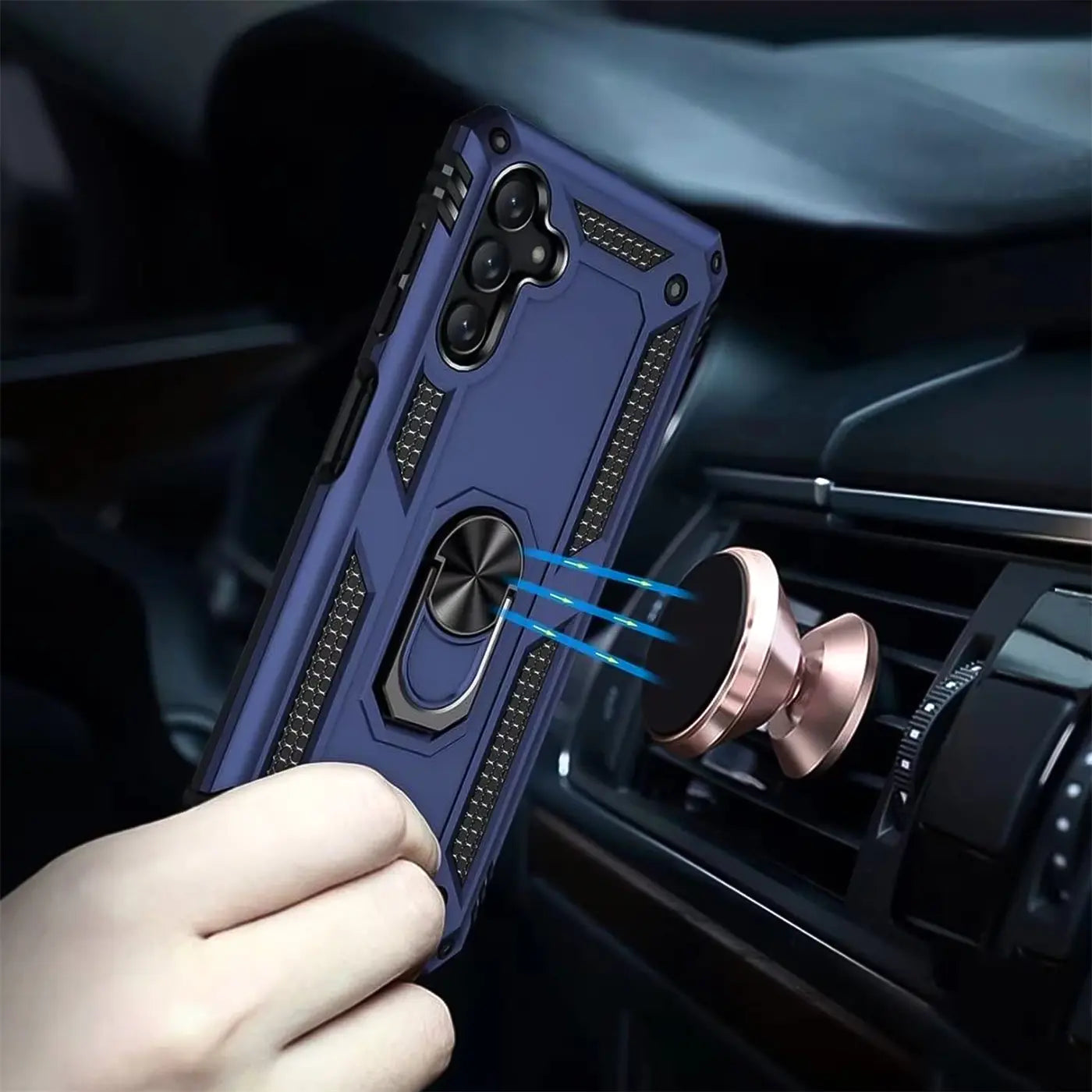 Dunkelblaue Hülle mit Ringhalter für Samsung A54 5G, Nahaufnahme, von vorne