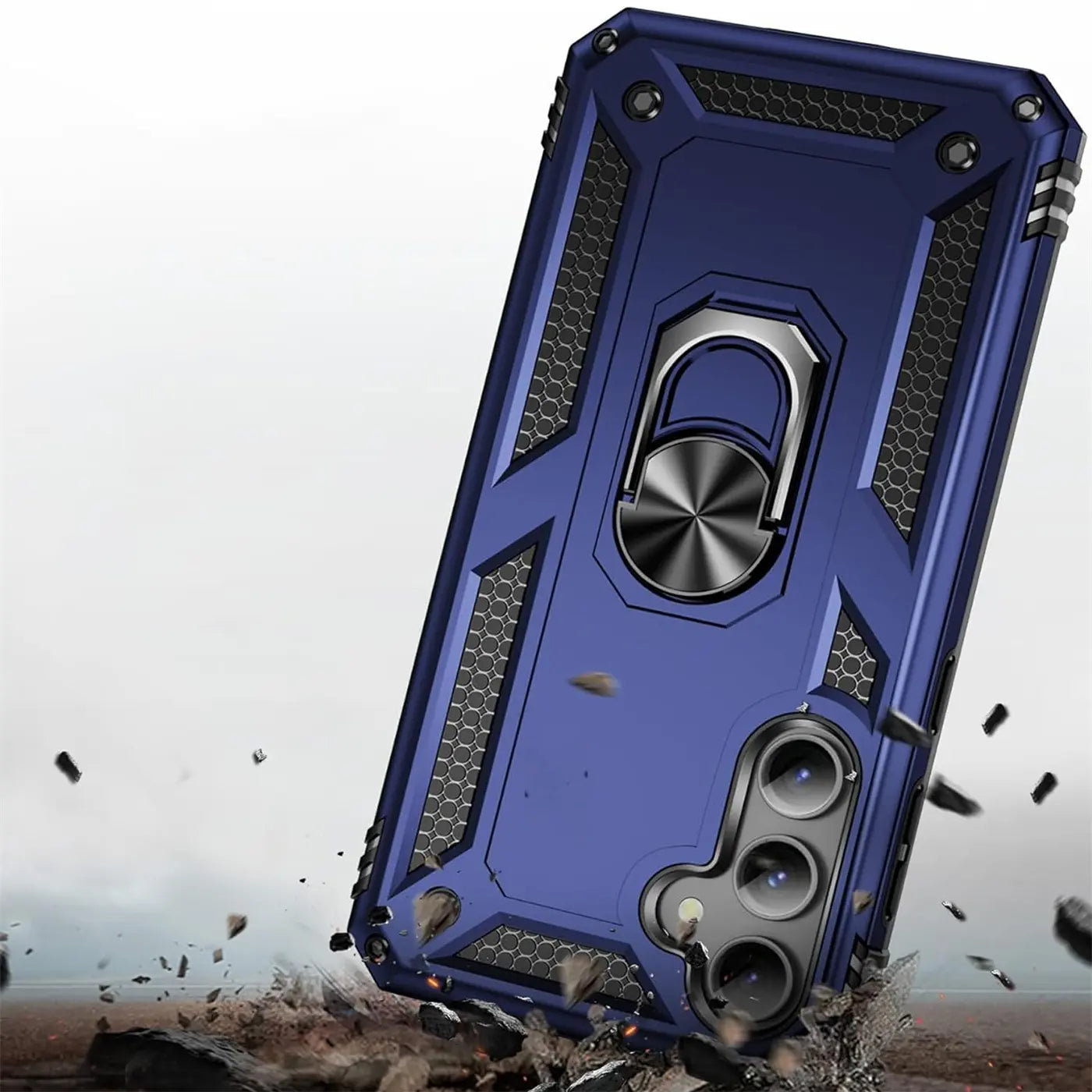 Dunkelblaue Militärhülle mit Ringhalter für Samsung Galaxy A55 5G, von unten gesehen.