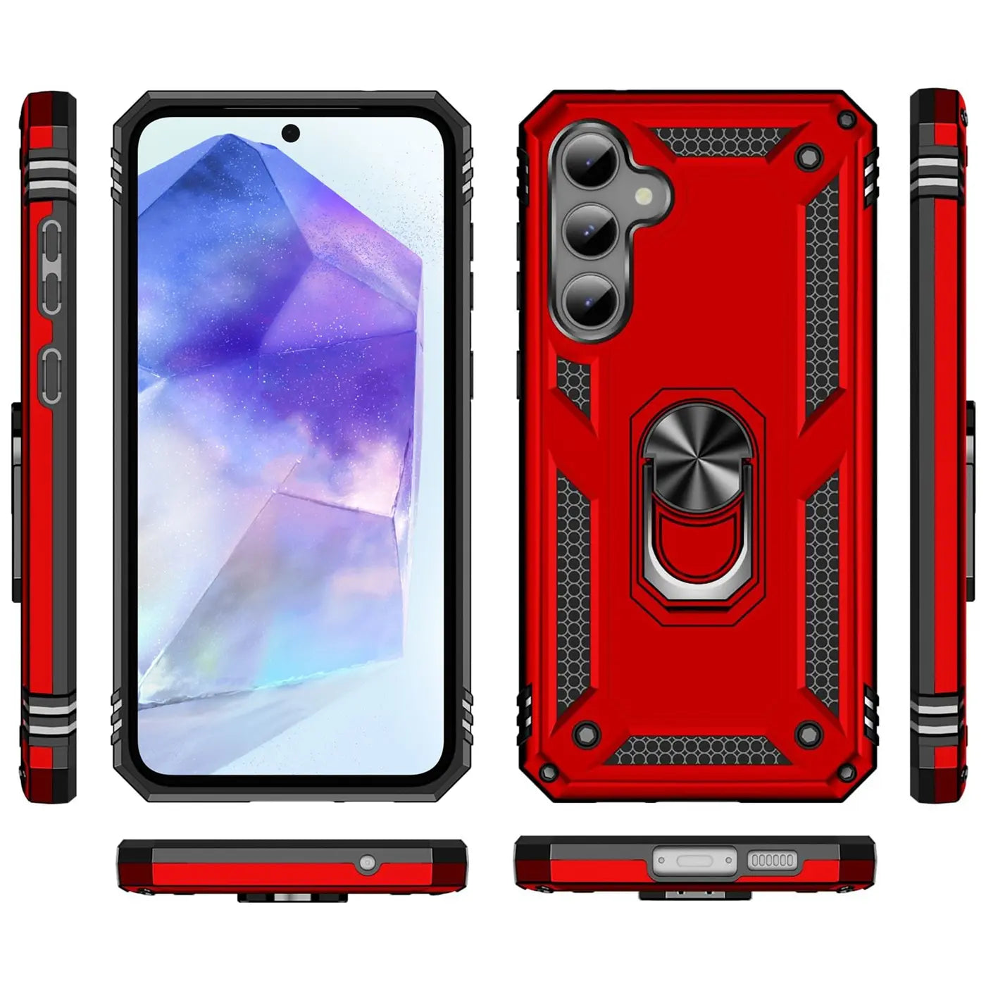 Rote Military Hülle mit Ringhalter für Samsung Galaxy A55 5G, von vorne und hinten gezeigt.