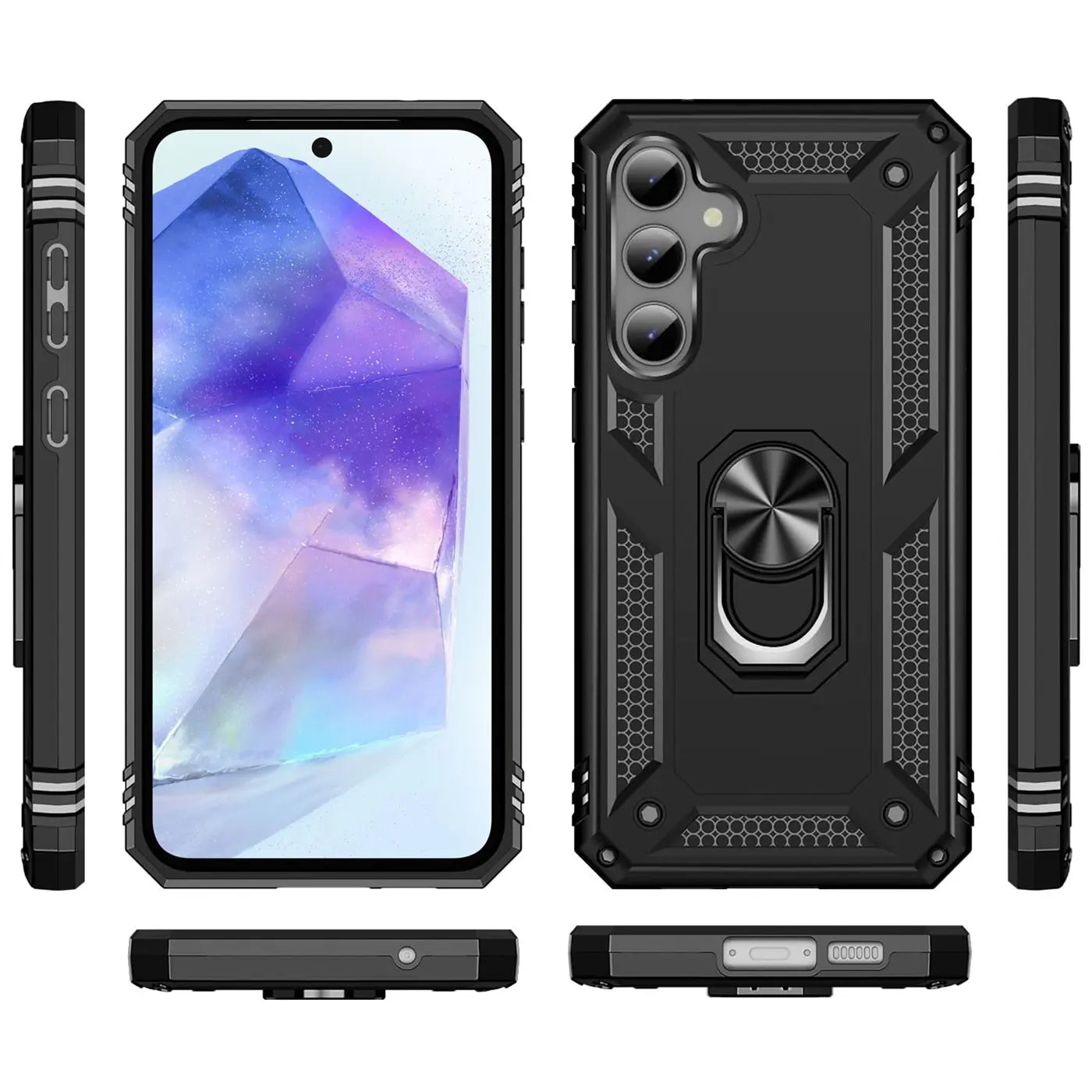Schwarze Militärhülle mit Ringhalter für Samsung Galaxy A55 5G, verschiedene Ansichten