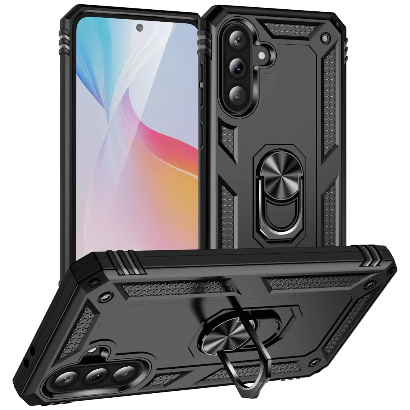 Schwarze Militär-Hülle aus Kunststoff mit Ringhalter für Samsung Galaxy A56 5G, von vorne und unten gezeigt.