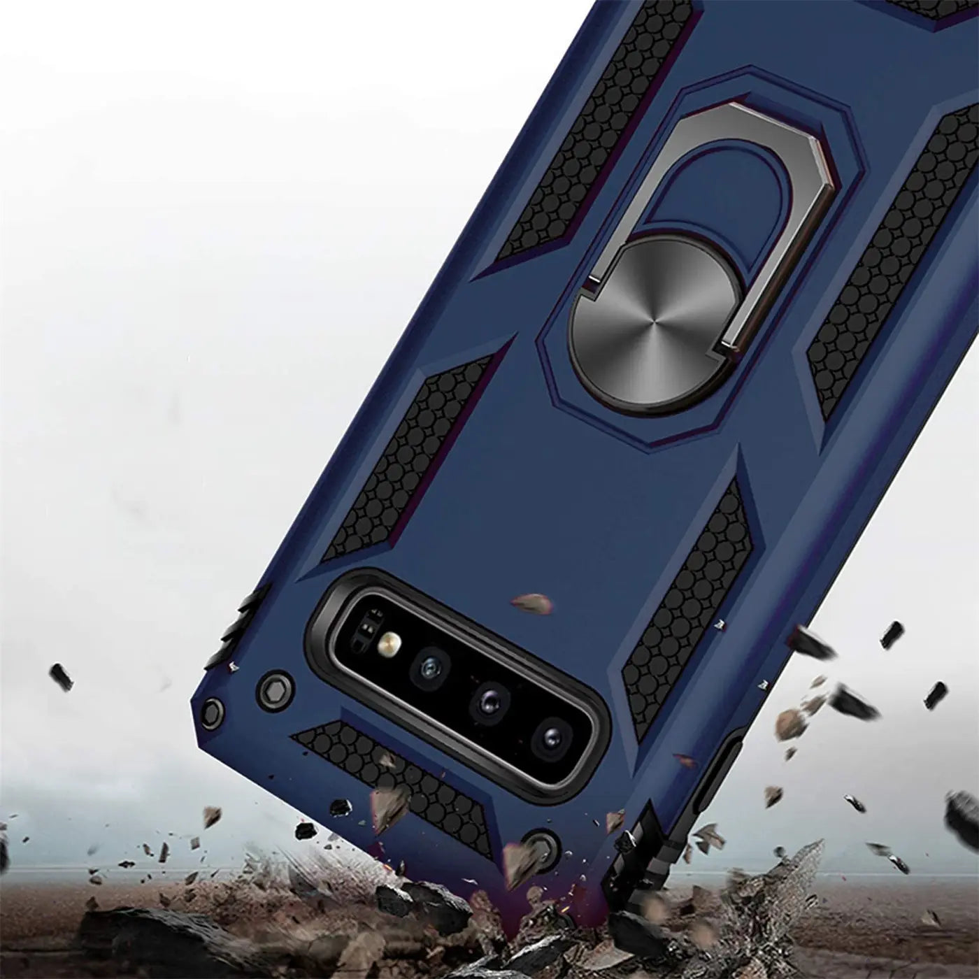 Dunkelblaue Handyhülle aus Kunststoff mit Ringhalter, Rückansicht, Samsung Galaxy S10.