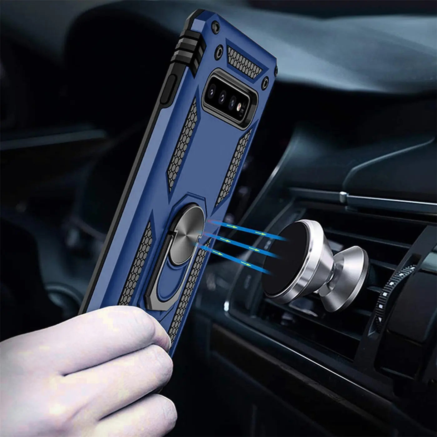Blaue Hülle mit Ringhalter für Samsung S10 Plus, Nahaufnahme, Metall-Autohalterung