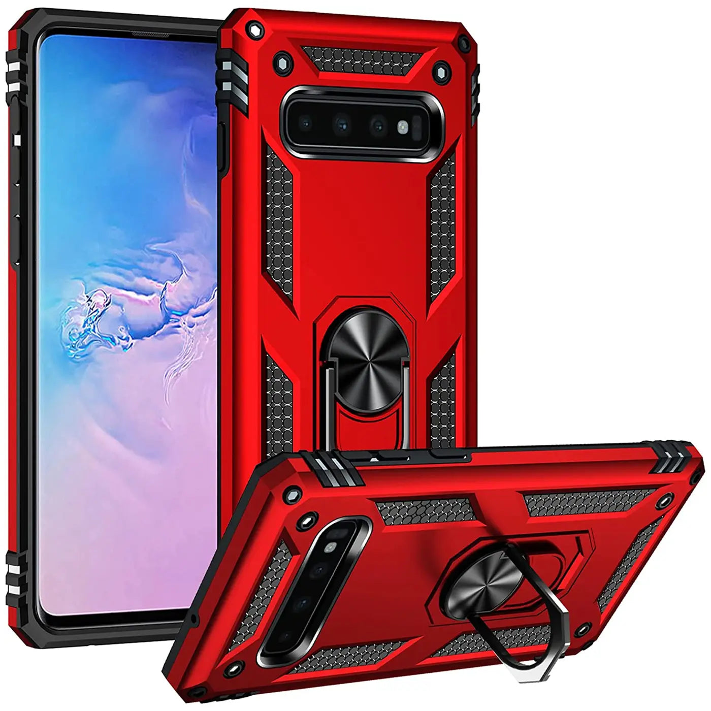 Rote Hülle aus Kunststoff mit Ringhalter für Samsung S10 Plus, Vorder- und Rückansicht.