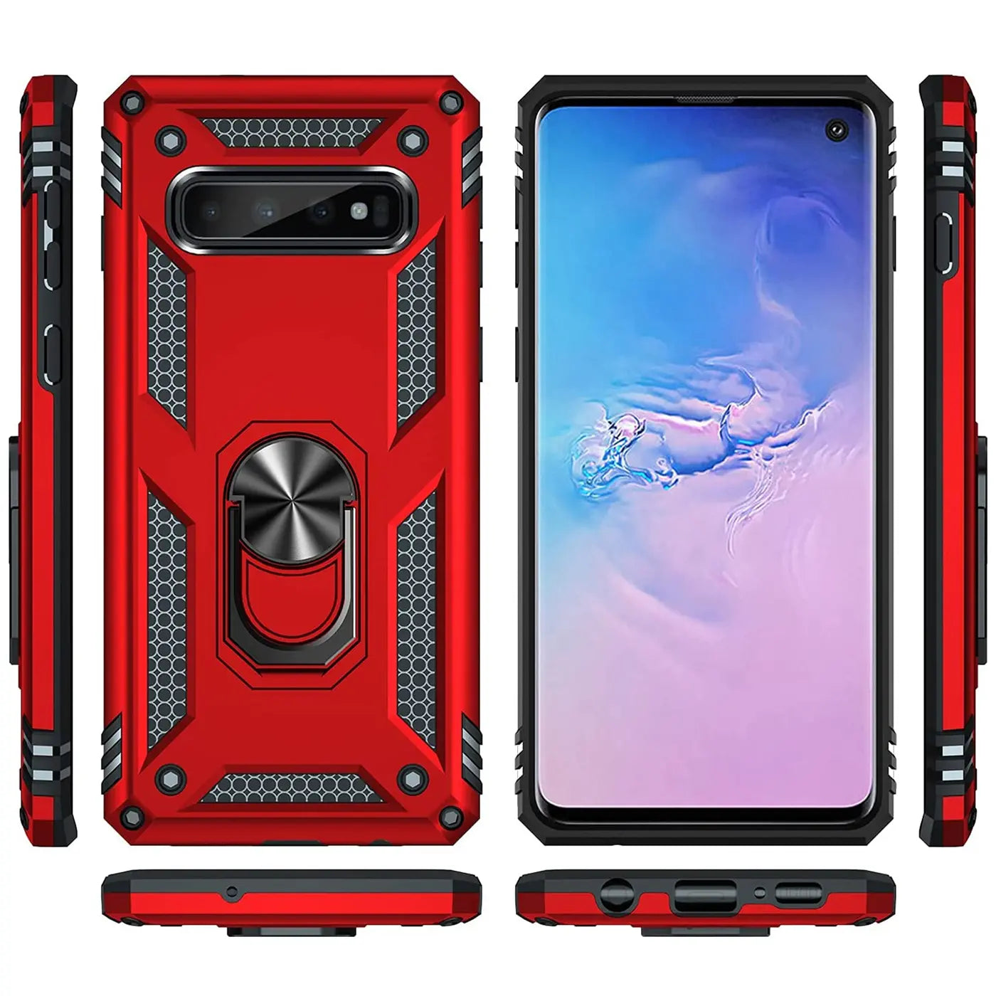 Rote Hülle mit Ringhalter für Samsung Galaxy S10 Plus, verschiedene Ansichten