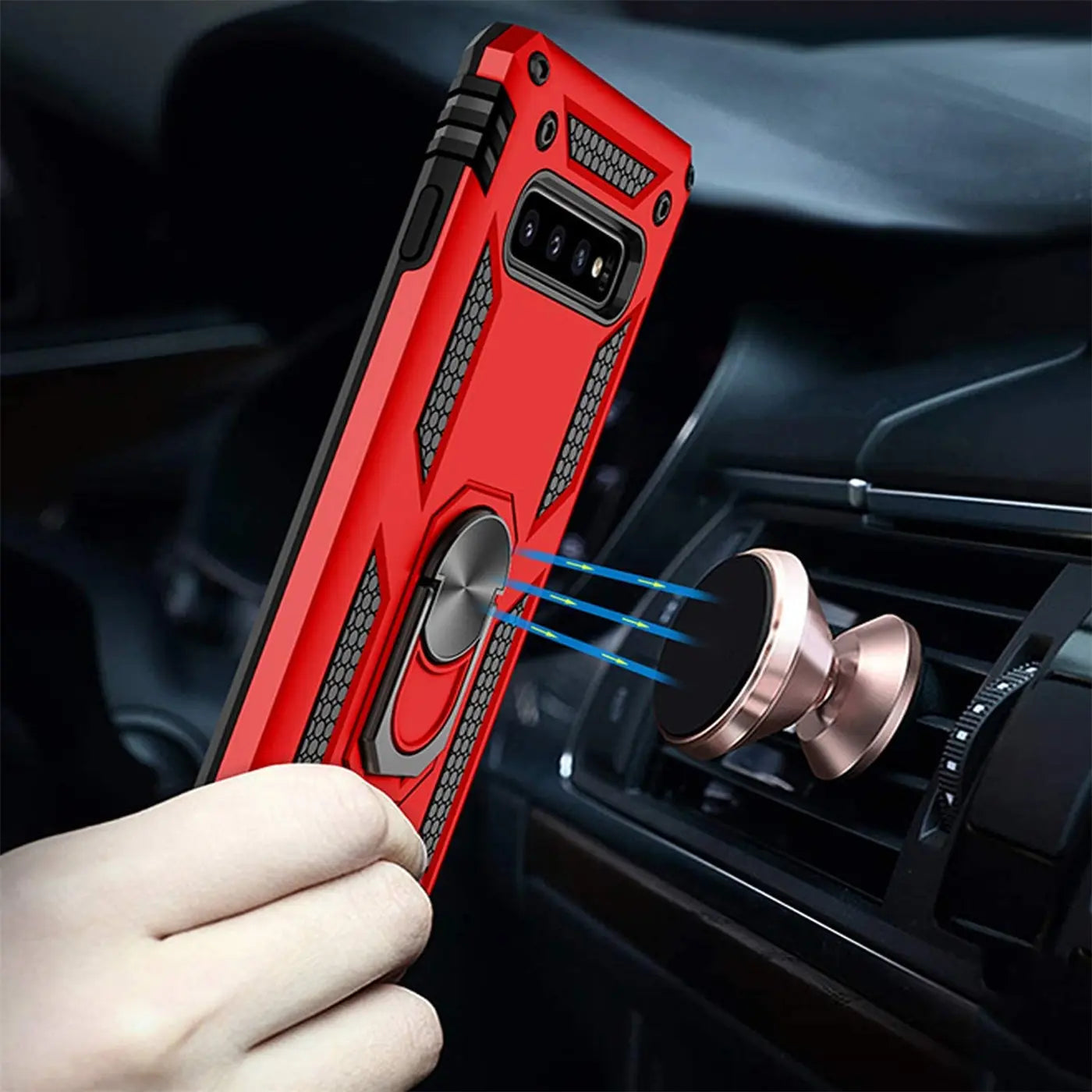 Rote Hülle mit Ringhalter für Samsung S10 Plus, von vorne, mit Magnet im Auto
