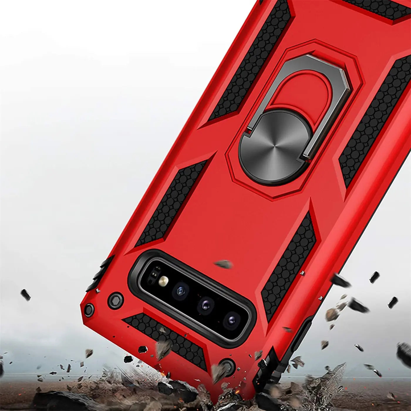 Rote Hülle mit Ringhalter für Samsung S10 Plus, von schräg oben, mit Kamera.