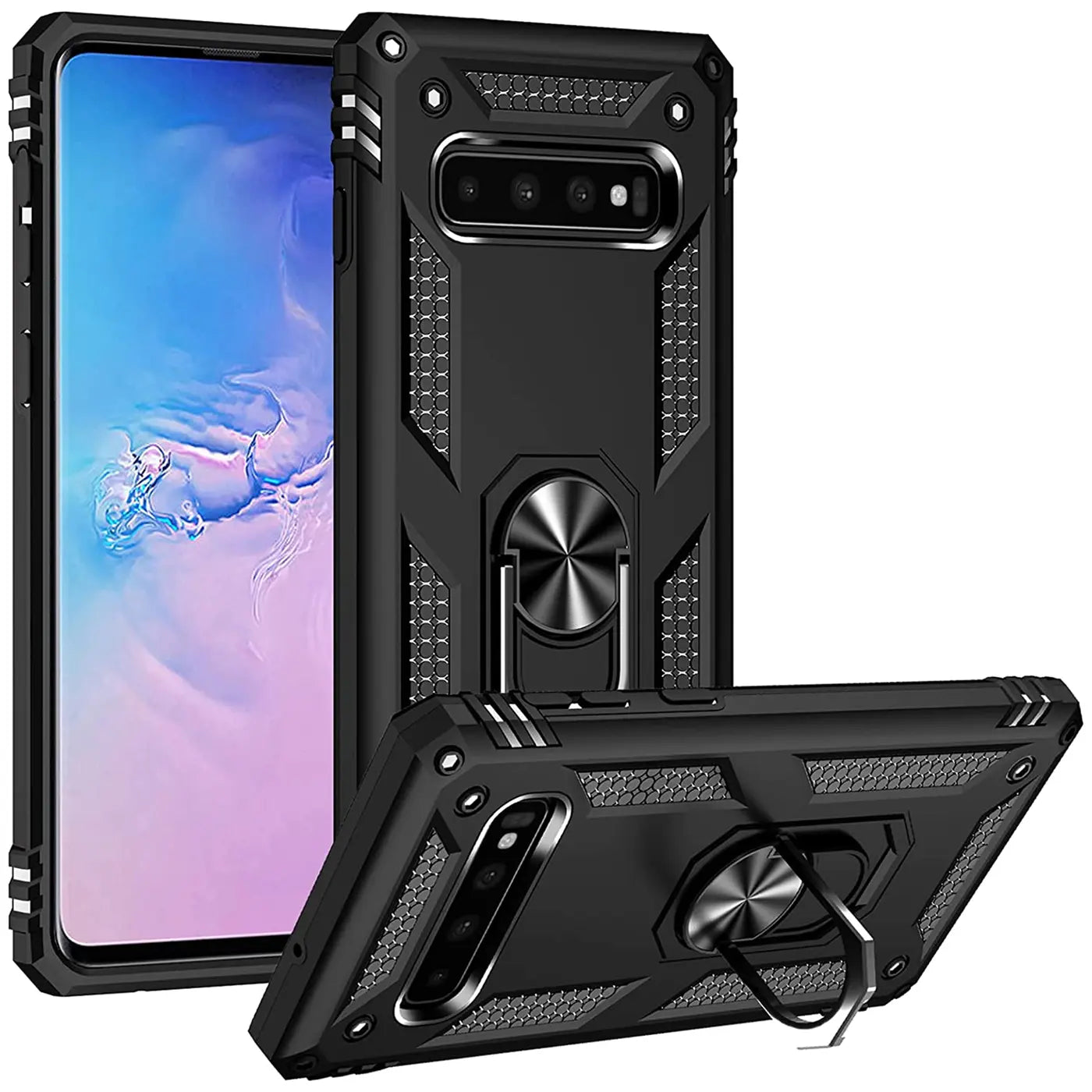 Schwarze Militärhülle aus Kunststoff mit Ringhalter für Samsung Galaxy S10 Plus, Seitenansicht.