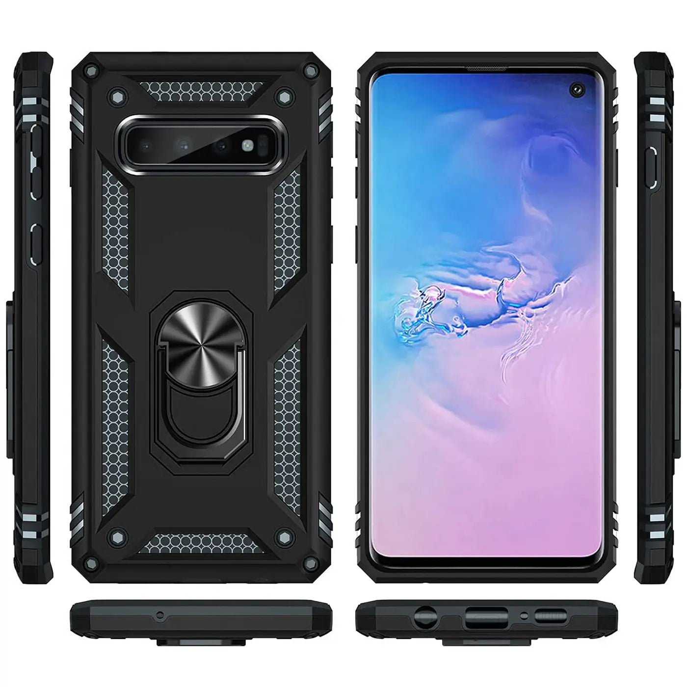 Schwarze Hülle aus Kunststoff/Metall mit Ringhalter für Samsung Galaxy S10 Plus, verschiedene Ansichten.