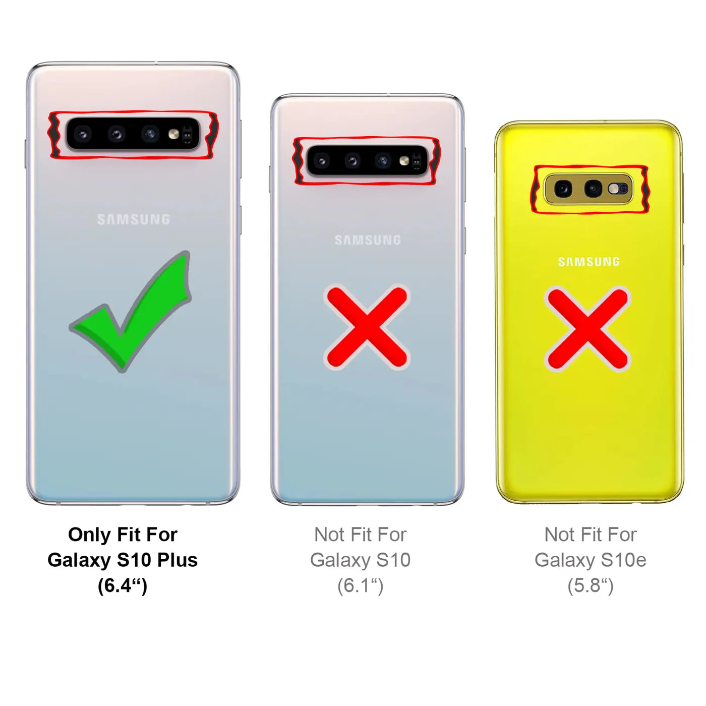 Drei Samsung-Handys: S10 Plus (grüner Haken), S10 & S10e (rote Kreuze).
