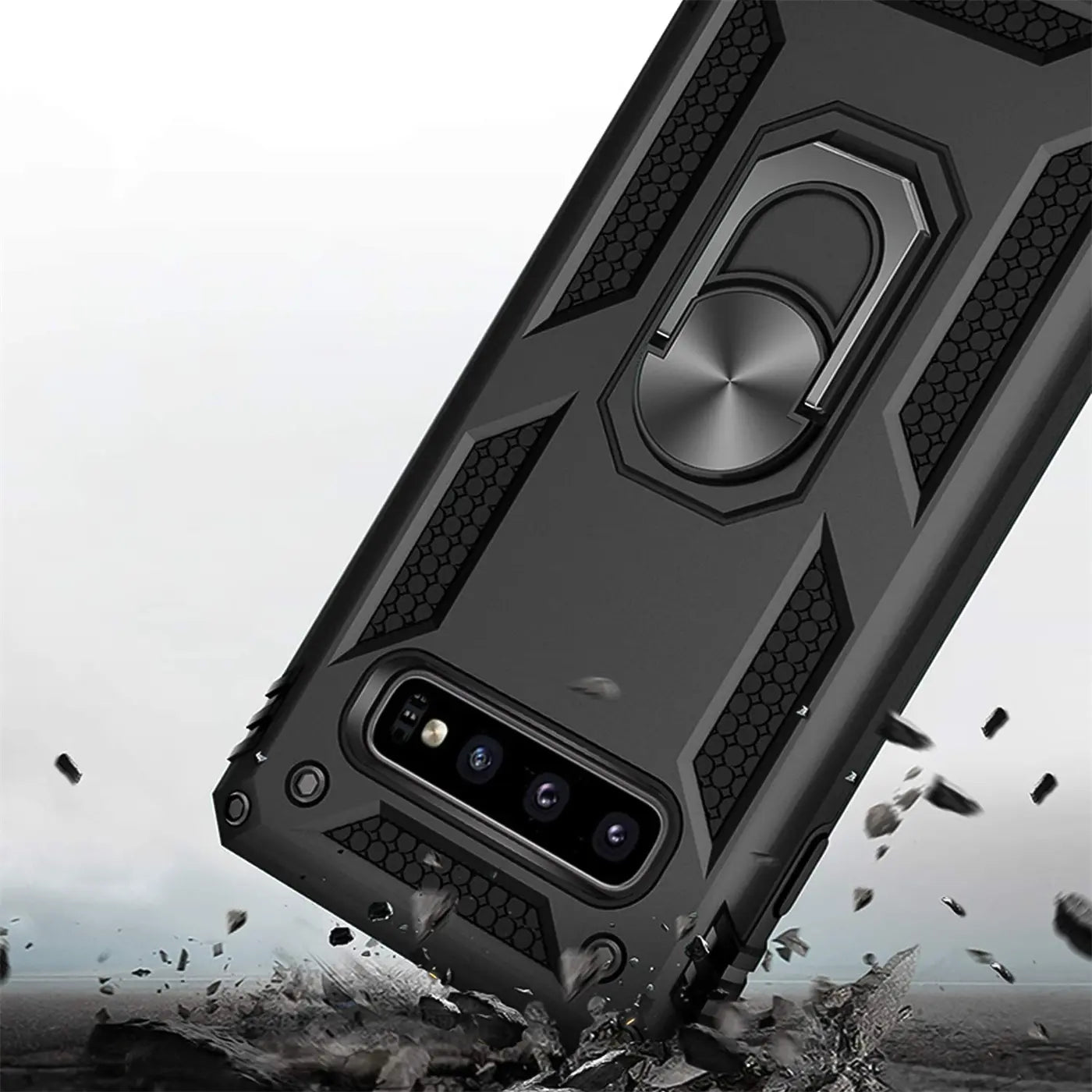 Schwarze Hülle mit Ringhalter für Samsung S10 Plus, von unten seitlich fotografiert.