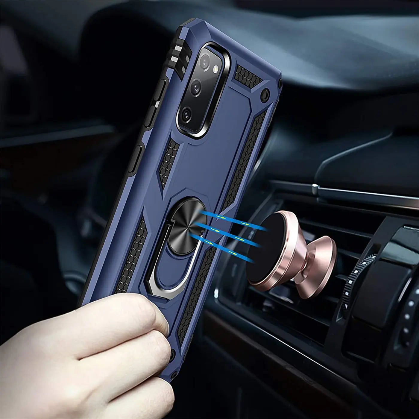 Blaue Hülle mit Ringhalter für Samsung S20, aus Kunststoff, Nahaufnahme, im Auto