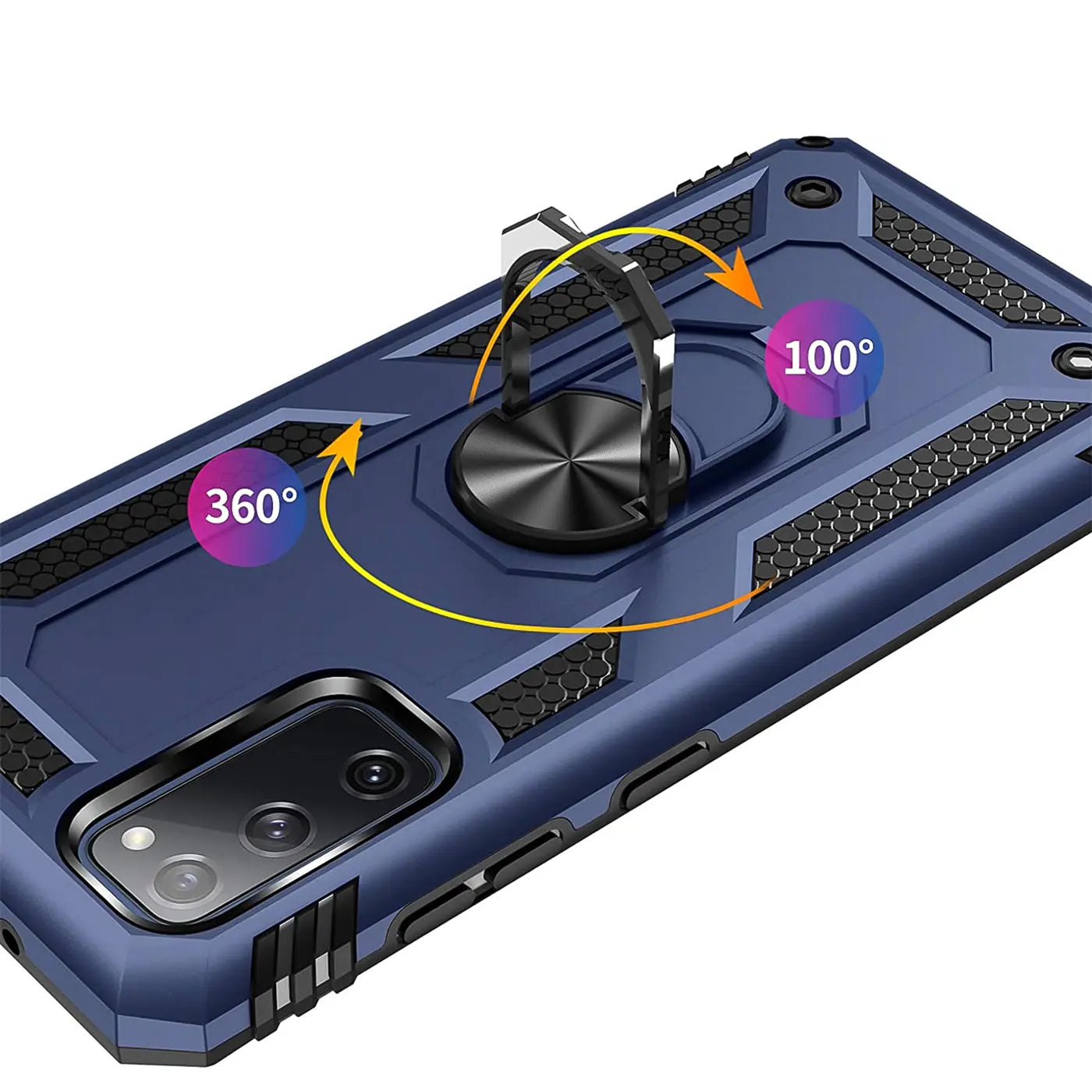 Dunkelblaue Hülle mit Ringhalter für Samsung Galaxy S20, aus Kunststoff, von oben rechts gezeigt.