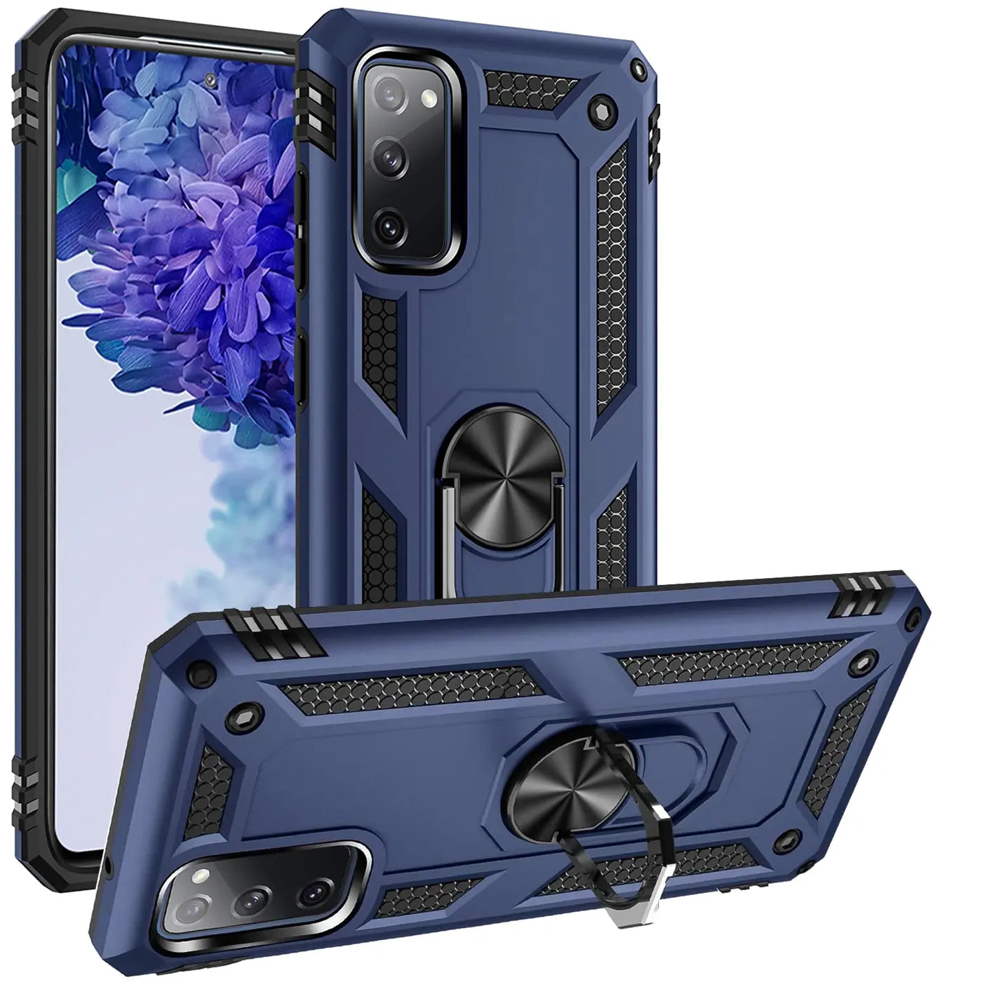 Dunkelblaue Hülle mit Ringhalter für Samsung S20 FE, aus Kunststoff, von vorne und schräg