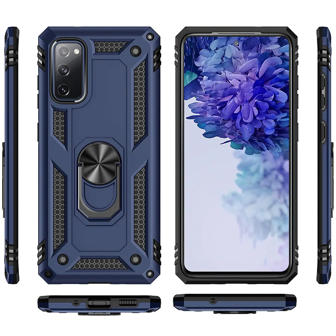 Dunkelblaue Hülle mit Ringhalter für Samsung S20 FE, verschiedene Ansichten, Kunststoff.