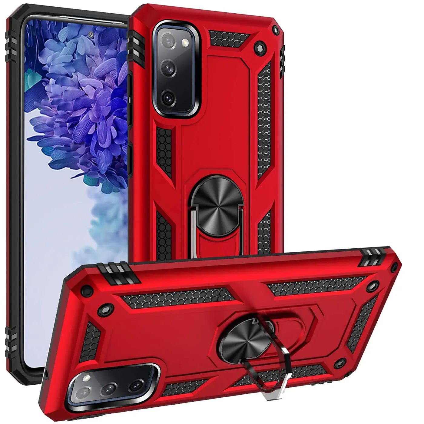 Rote Hülle mit Ringhalter für Samsung S20 FE, von vorne und schräg
