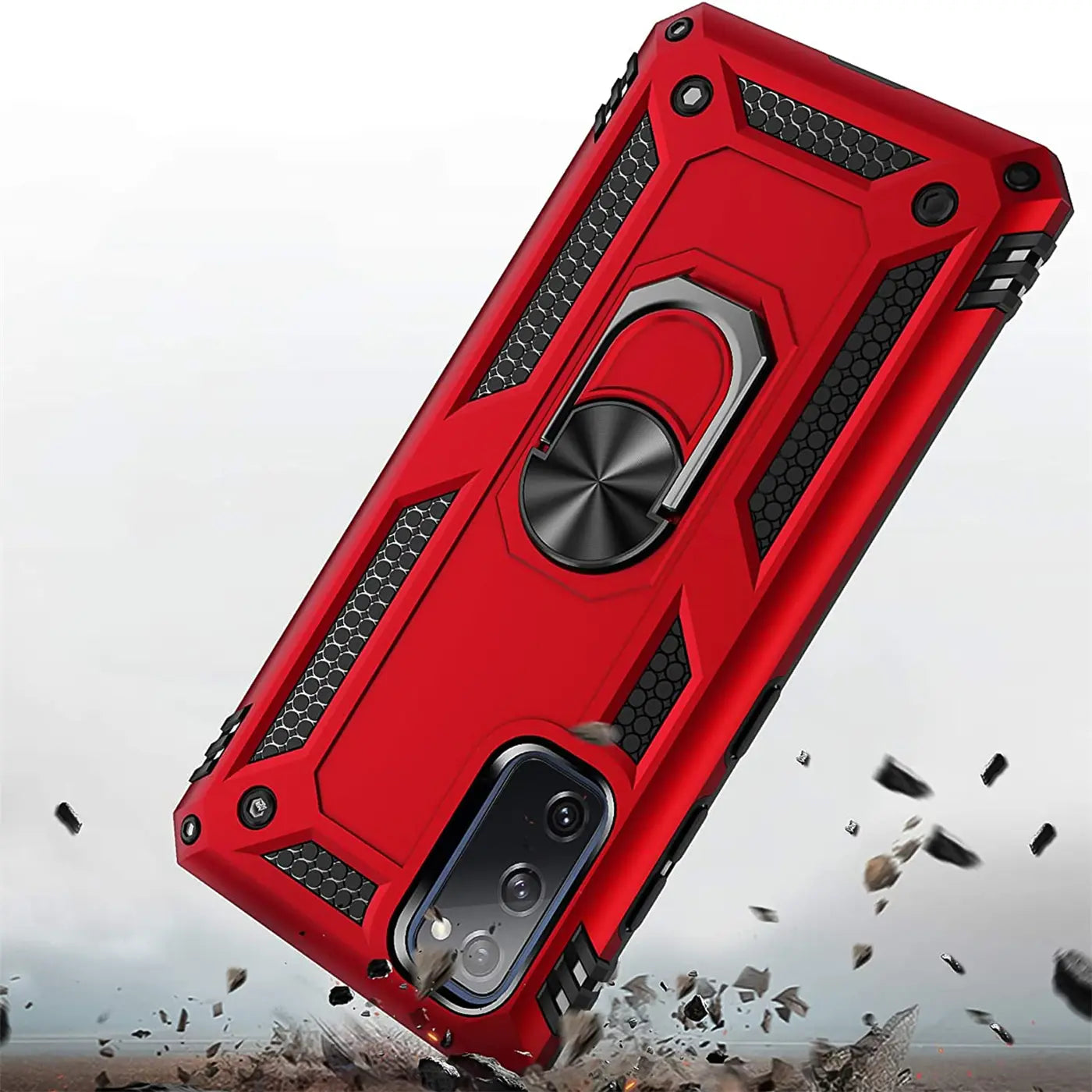 Rote Hülle mit Ringhalter für Samsung S20 FE, von oben links, aus Kunststoff.