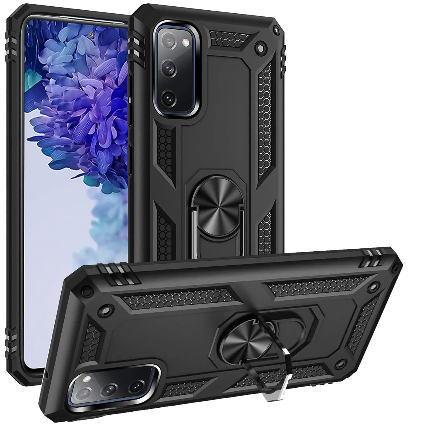 Schwarze Handyhülle aus Kunststoff mit Ringhalter für Samsung S20 FE, von vorne und schräg