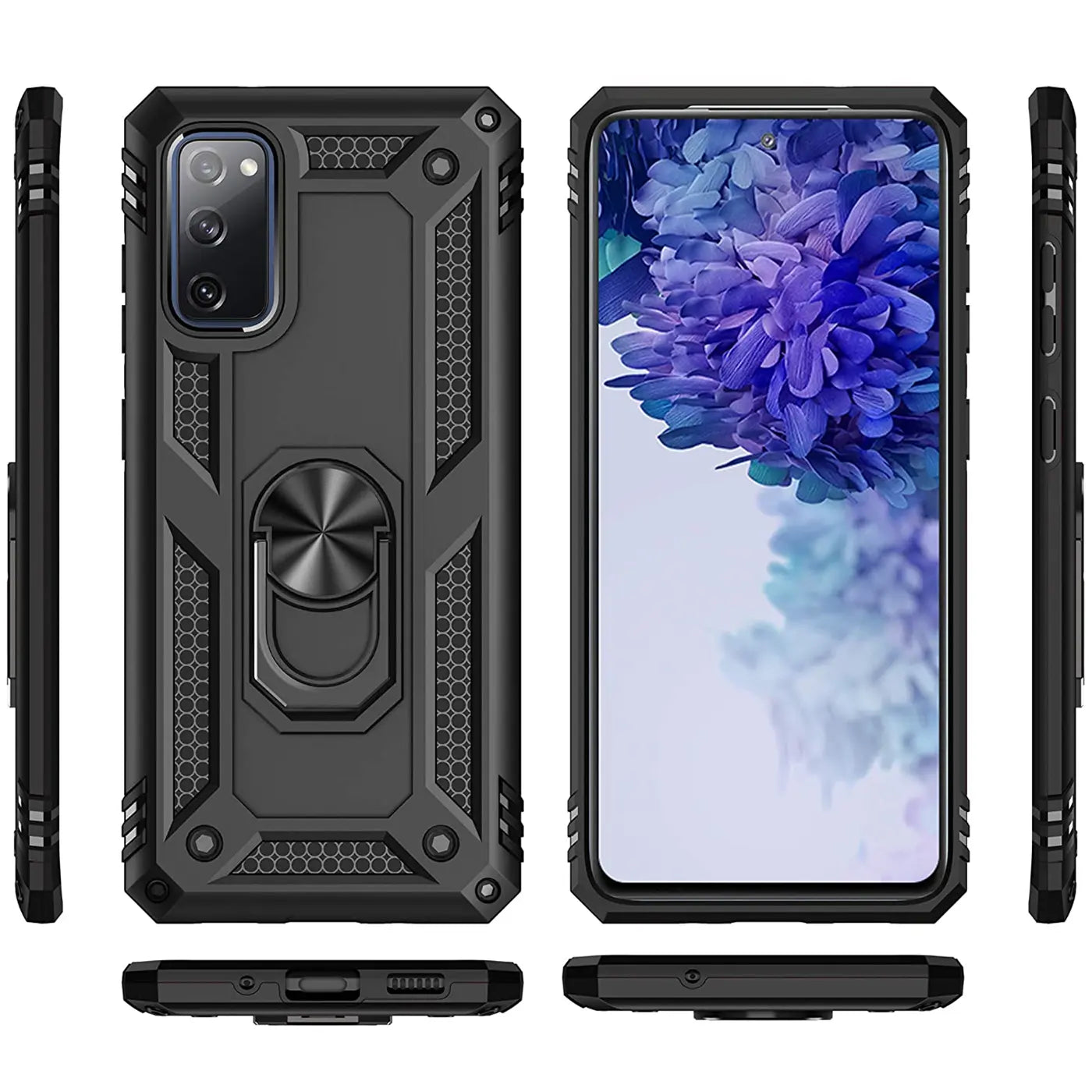 Schwarze Militärhülle mit Ringhalter für Samsung Galaxy S20 FE, verschiedene Ansichten