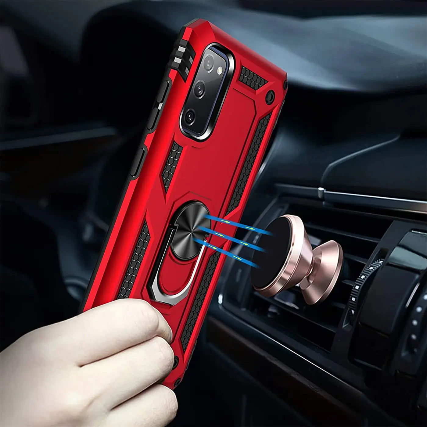 Rote Handyhülle mit Ringhalter, Samsung S20, aus Kunststoff, Seitenansicht.