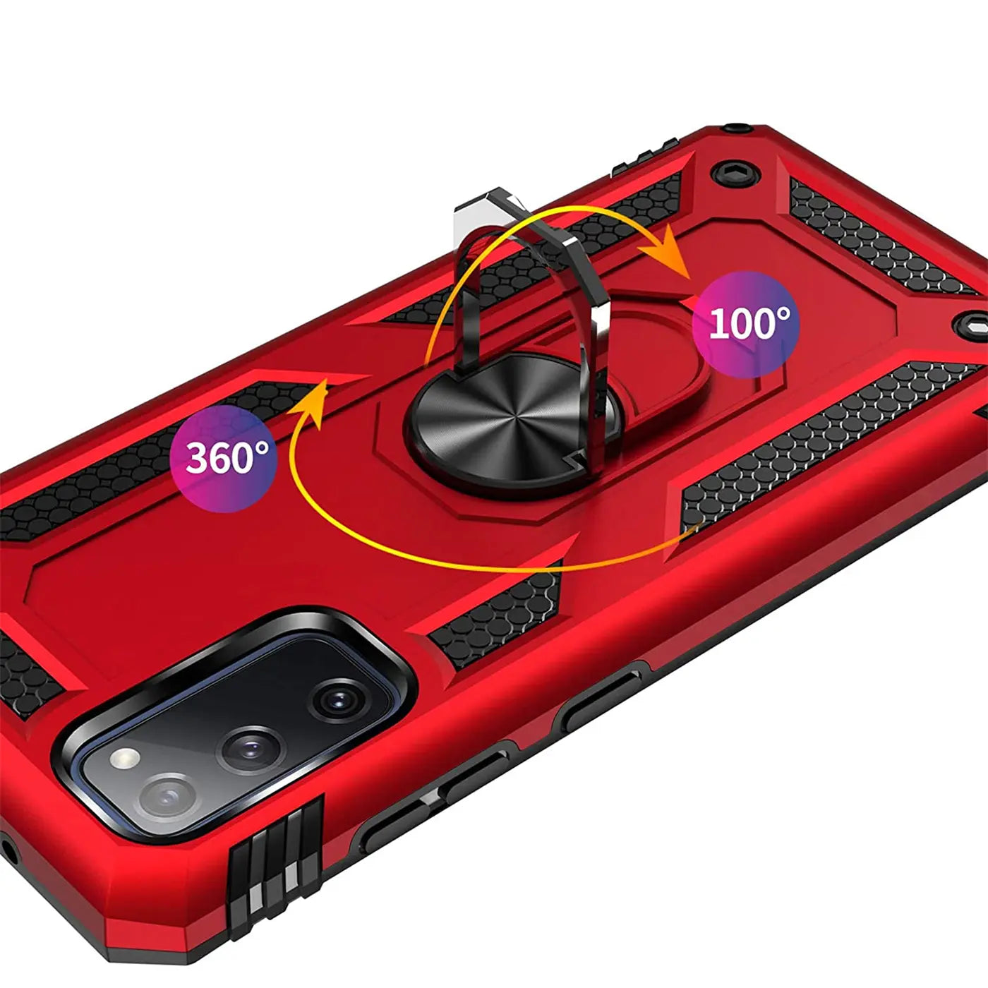 Rote Hülle mit Ringhalter für Samsung S20, von oben/seitlich, Materialmix.