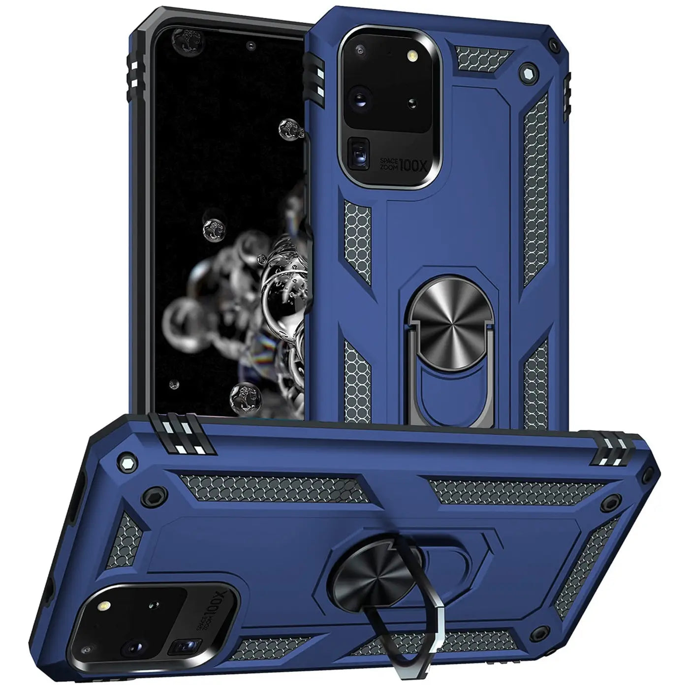 Blaue Hülle mit Ringhalter für Samsung S20 Ultra, aus Kunststoff, von vorne und hinten gezeigt.