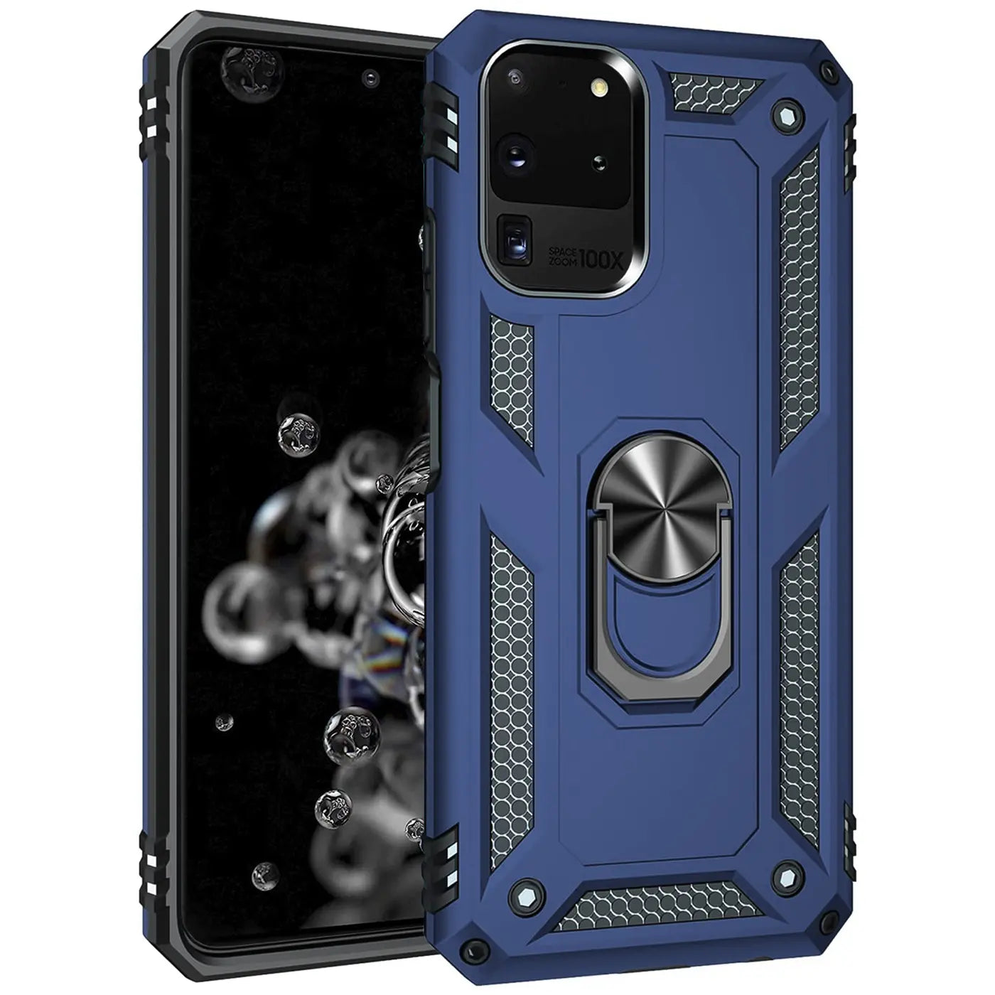 Blaue Hülle mit Ringhalter für Samsung S20 Ultra, von vorne, Kunststoff.