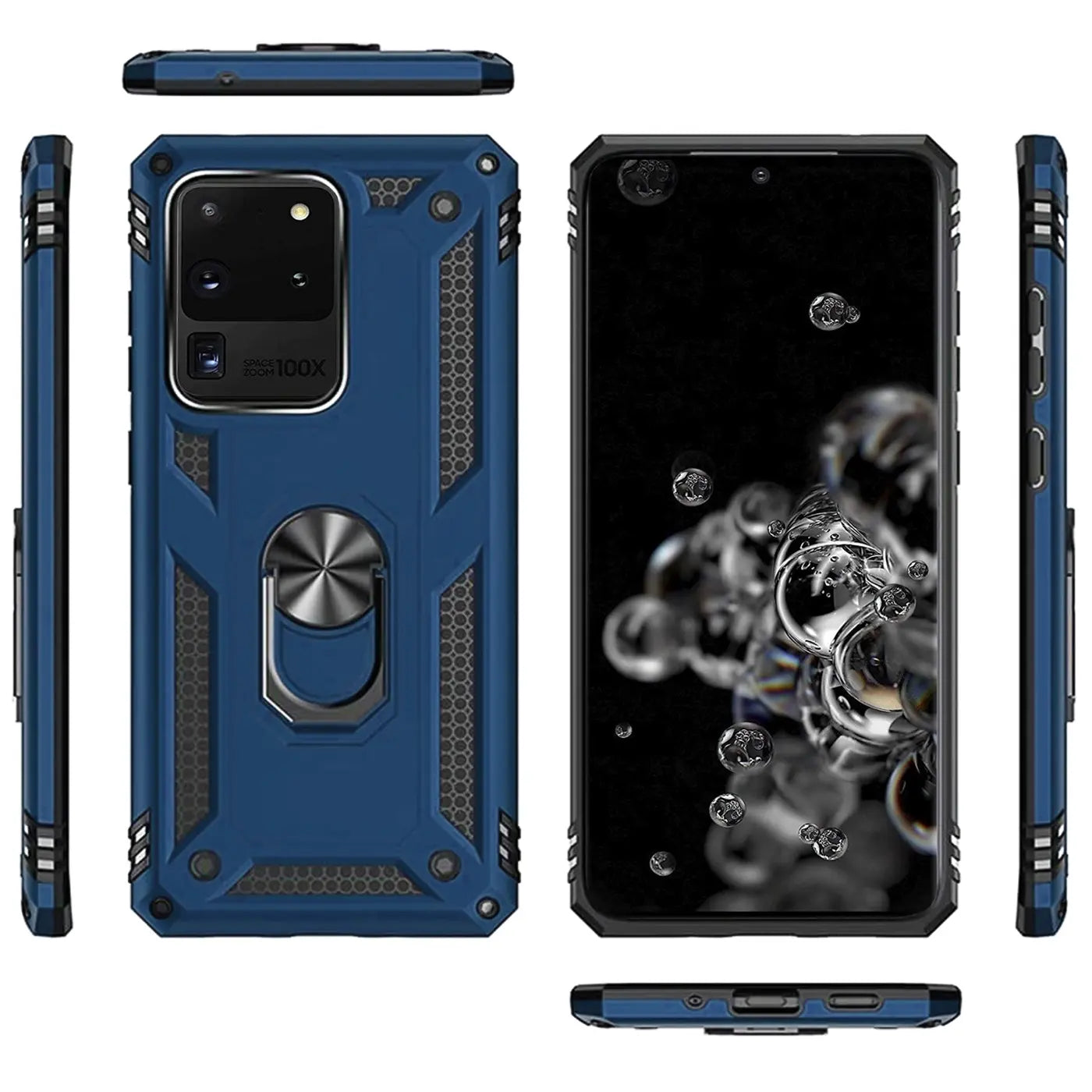 Dunkelblaue Hülle mit Ringhalter für Samsung S20 Ultra, verschiedene Ansichten.