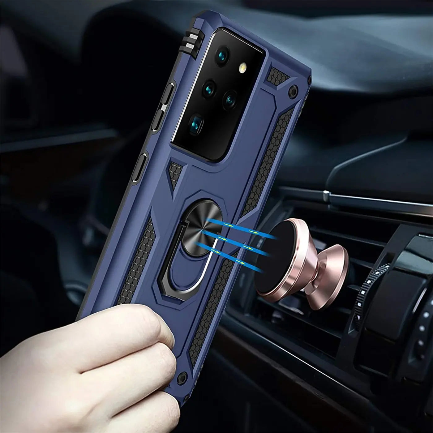 Blaue Hülle mit Ringhalter für Samsung S20 Ultra, aus Kunststoff, Seitenansicht.