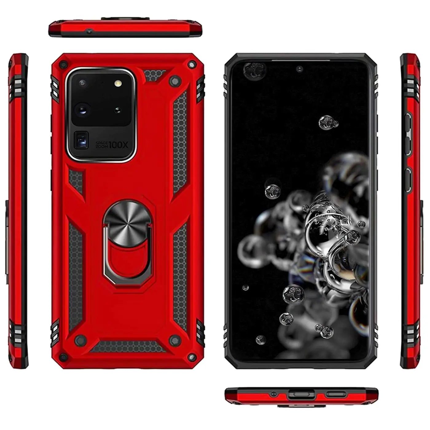 Rote Military Hülle mit Ringhalter für Samsung S20 Ultra, verschiedene Ansichten.