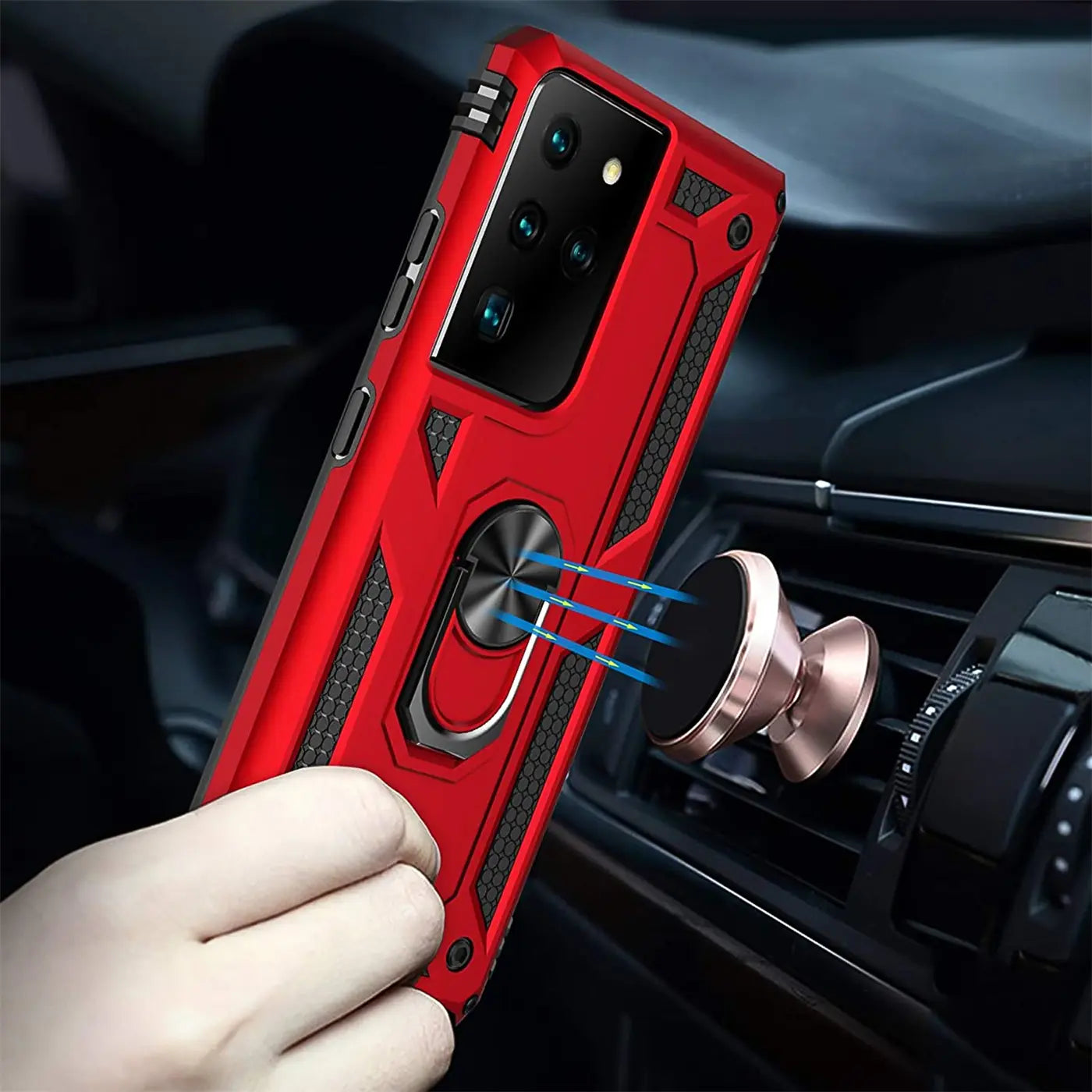 Rote Hülle mit Ringhalter für Samsung S20 Ultra, Nahaufnahme, von vorne schräg