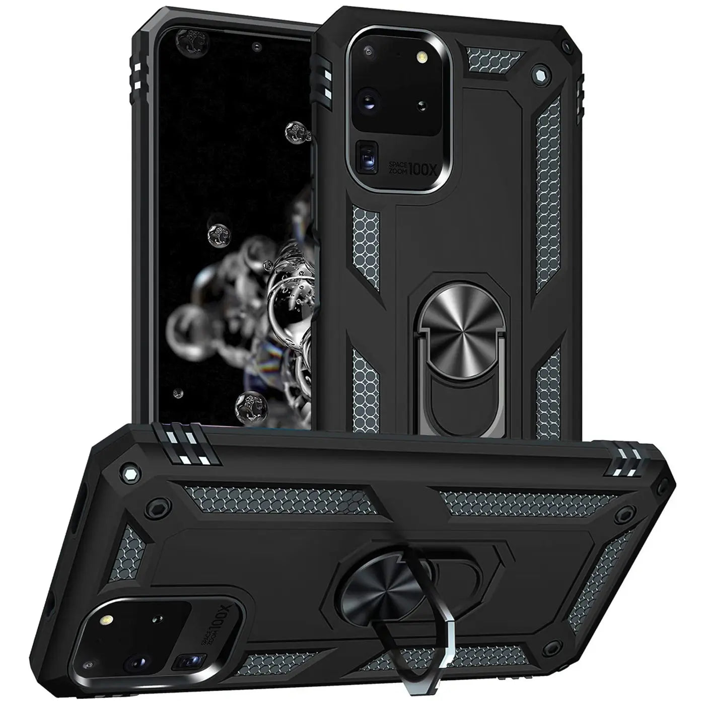 Schwarze Militärhülle aus Kunststoff mit Ringhalter für Samsung Galaxy S20 Ultra, Vorder- und Rückansicht.