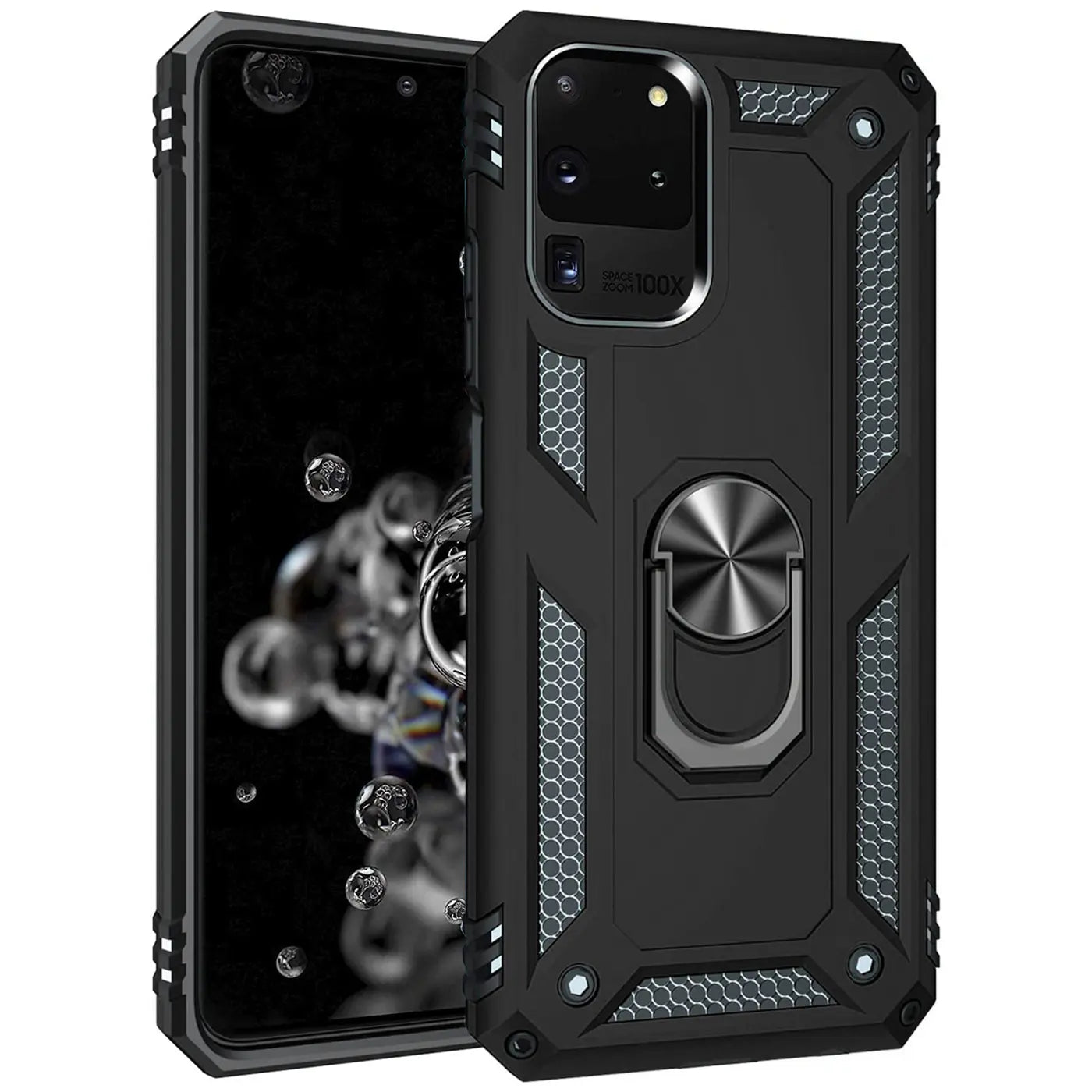Schwarze Hülle aus Kunststoff mit Ringhalter für Samsung Galaxy S20 Ultra, von vorne seitlich