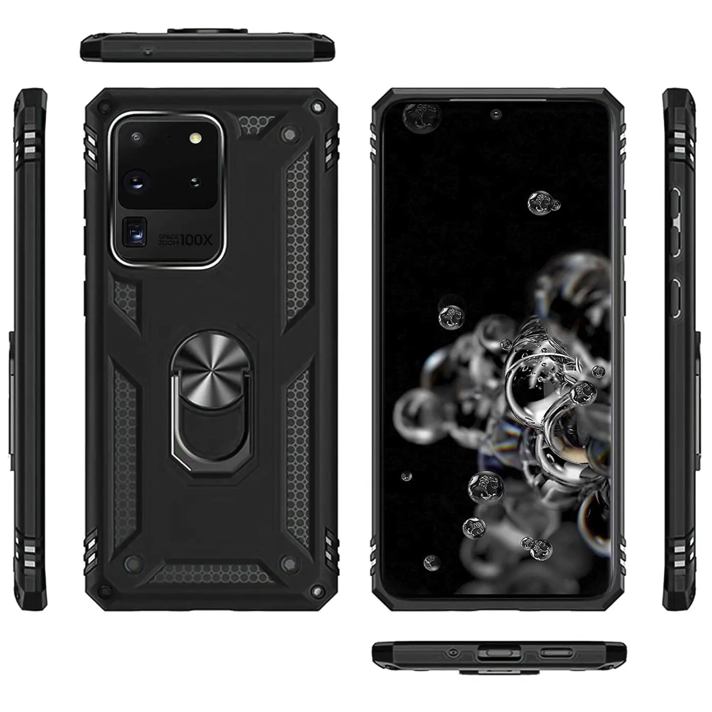 Schwarze Militärhülle aus Kunststoff mit Ringhalter für Samsung S20 Ultra, verschiedene Ansichten.