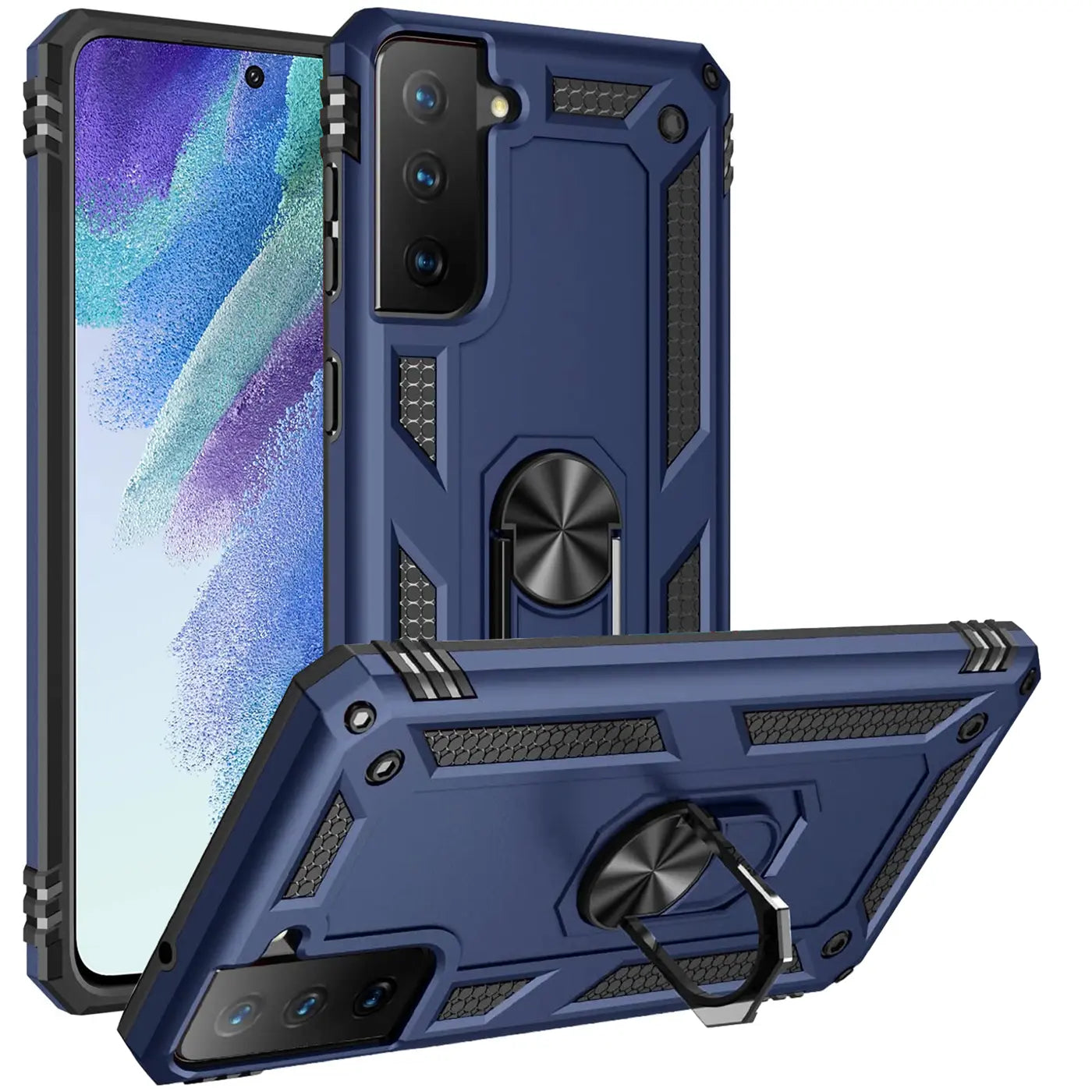Dunkelblaue Hülle mit Ringhalter für Samsung Galaxy S21, von vorne und schräg