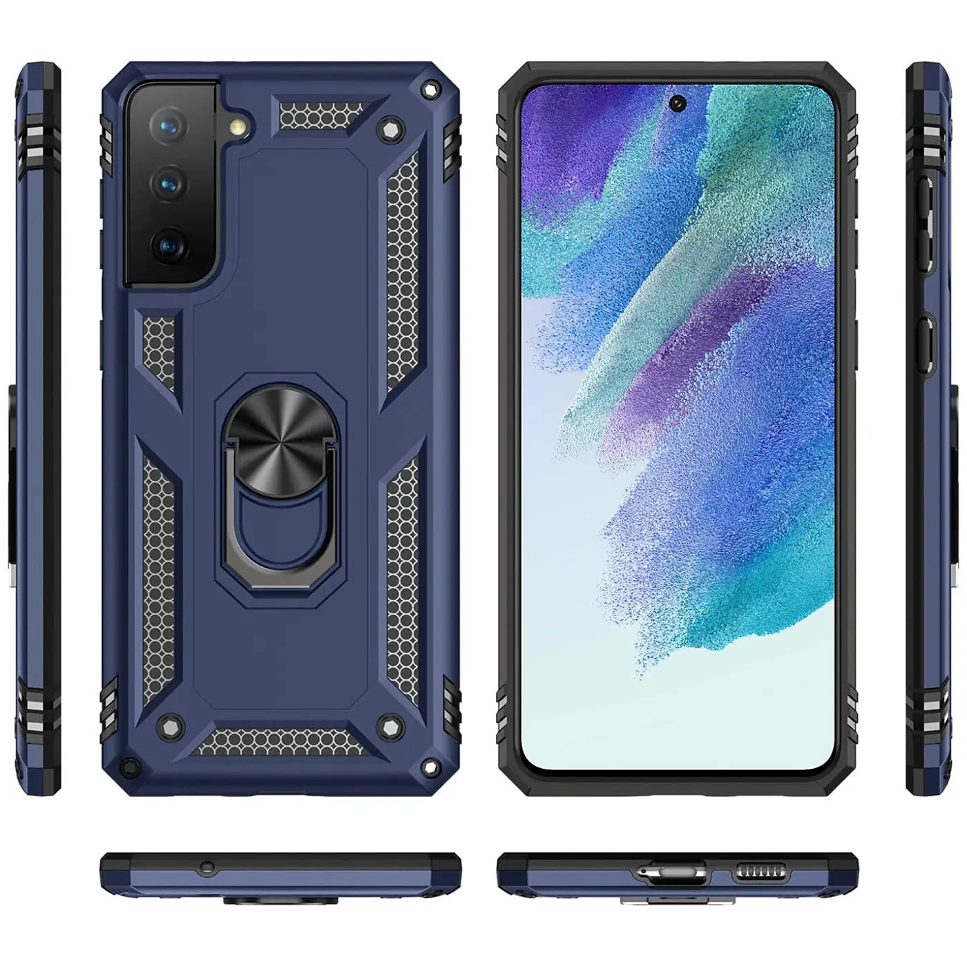Dunkelblaue Hülle mit Ringhalter für Samsung Galaxy S21, verschiedene Ansichten.