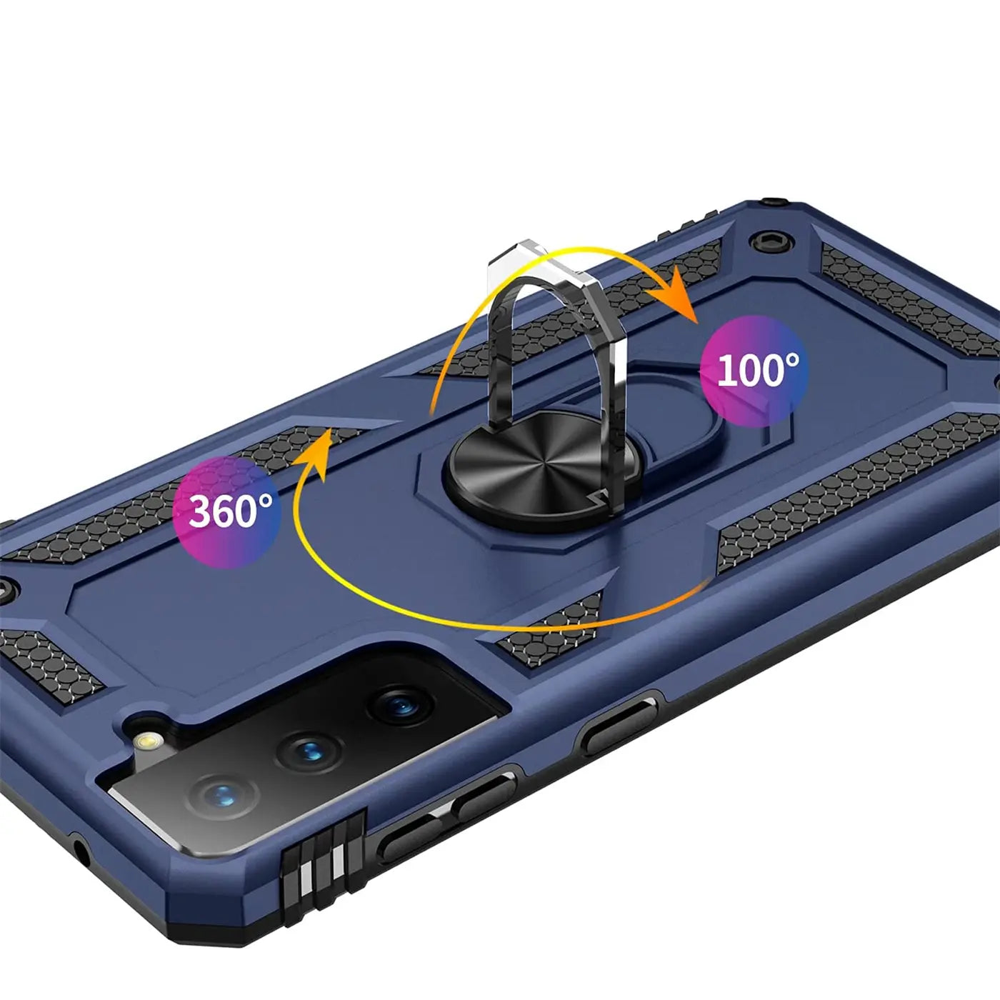Dunkelblaue Hülle mit Ringhalter für Samsung S21 FE, aus Kunststoff, von hinten.