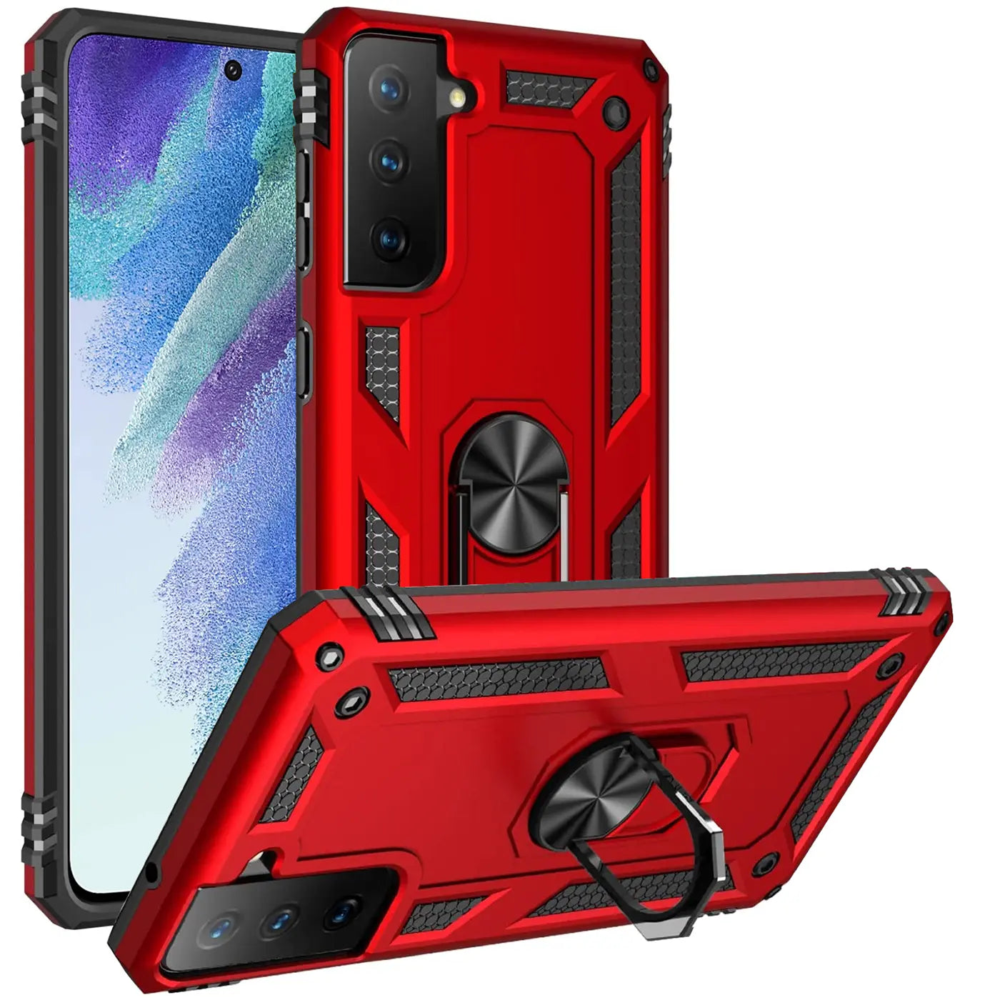 Rote Hülle mit Ringhalter für Samsung Galaxy S21 FE, von vorne und schräg