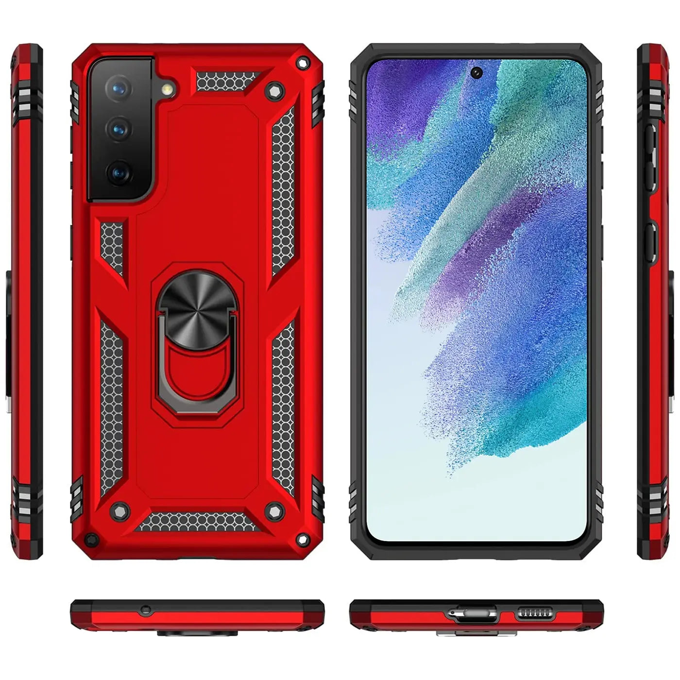 Rote Hülle mit Ringhalter für Samsung Galaxy S21 FE, verschiedene Ansichten.