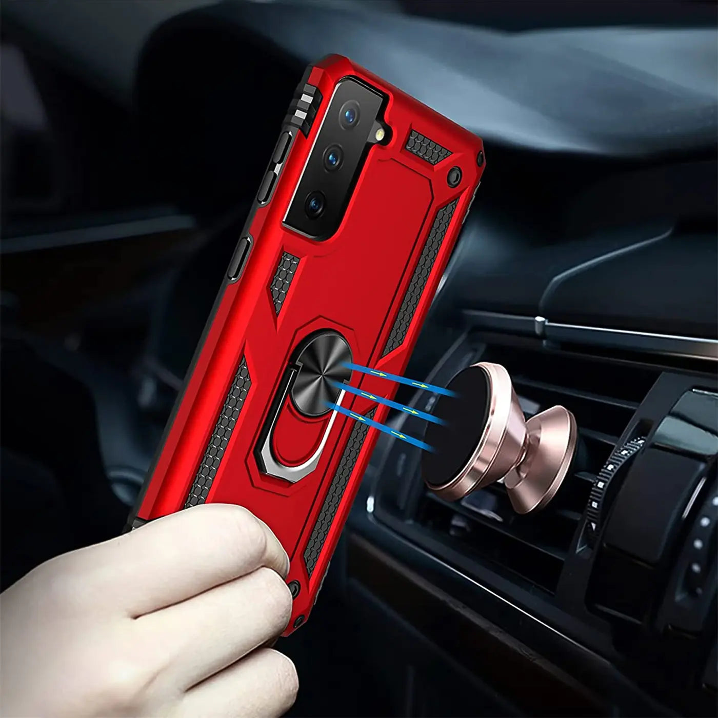 Rote Hülle mit Ringhalter für Samsung S21 FE, aus Kunststoff, von vorne links.